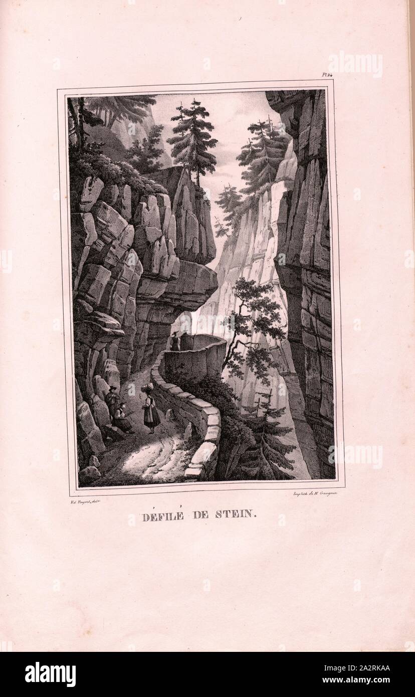 Stein Parade, Aussicht Engpass in der Nähe von Stein, unterzeichnet: Ed., Pingret (Del.), Pl. 24, S. 105, Pingret, Édouard (Del.), 1827, Vicomte de Senonnes; Edouard Pingret: Promenade sur le Lac de Wallenstadt et dans le Pays des Graubünden. Paris: Didot, 1827 Stockfoto