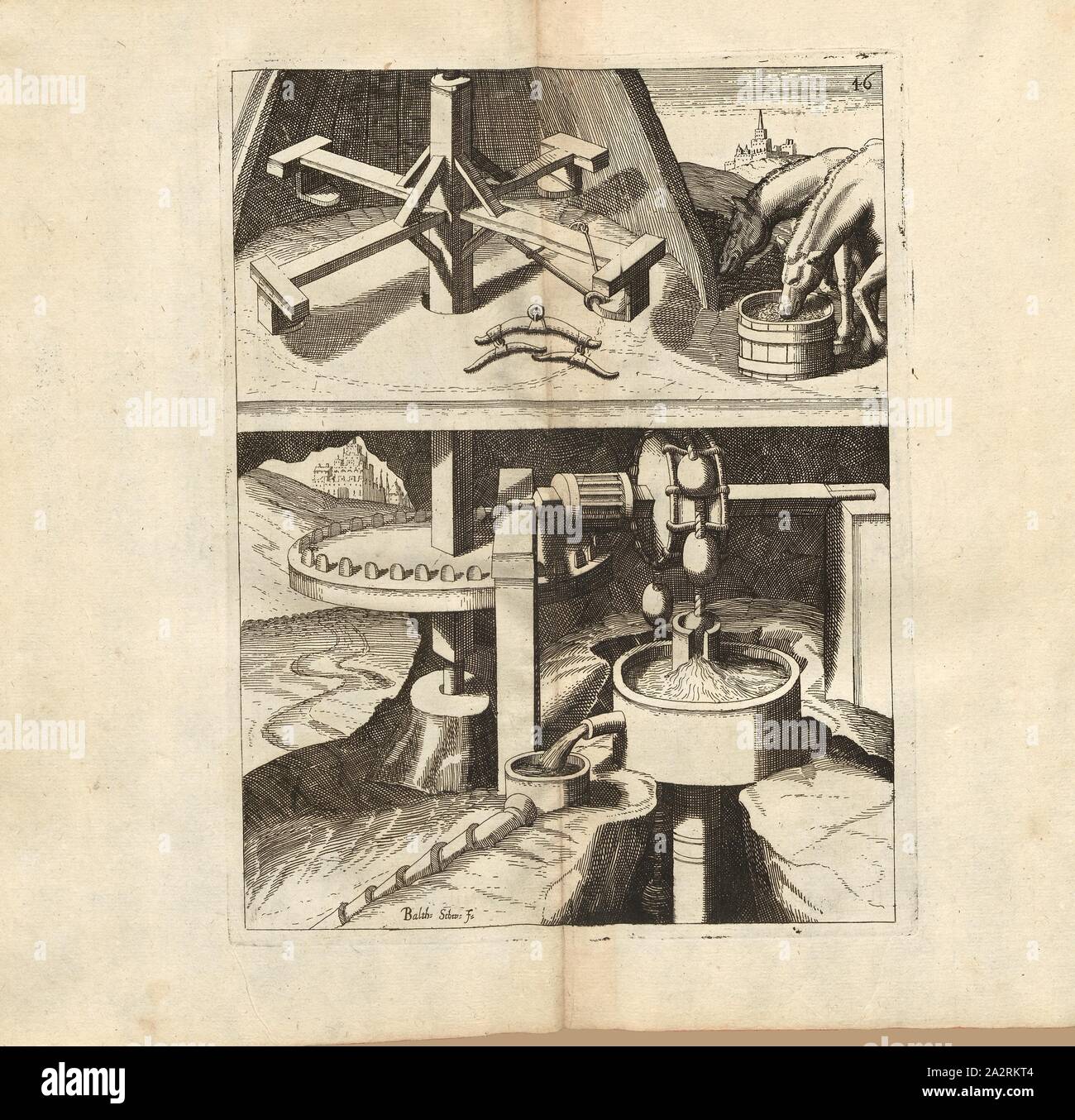 Ein Machina mit einem Pferd oder anderen tierischen ..., Pumpe, die durch  Tiere an einem Drehkreuz Wasser bis zu tragen angetrieben werden knnen,  unterzeichnet: Firma Balth., Schw. (F.), Abb. 46, S. 18,