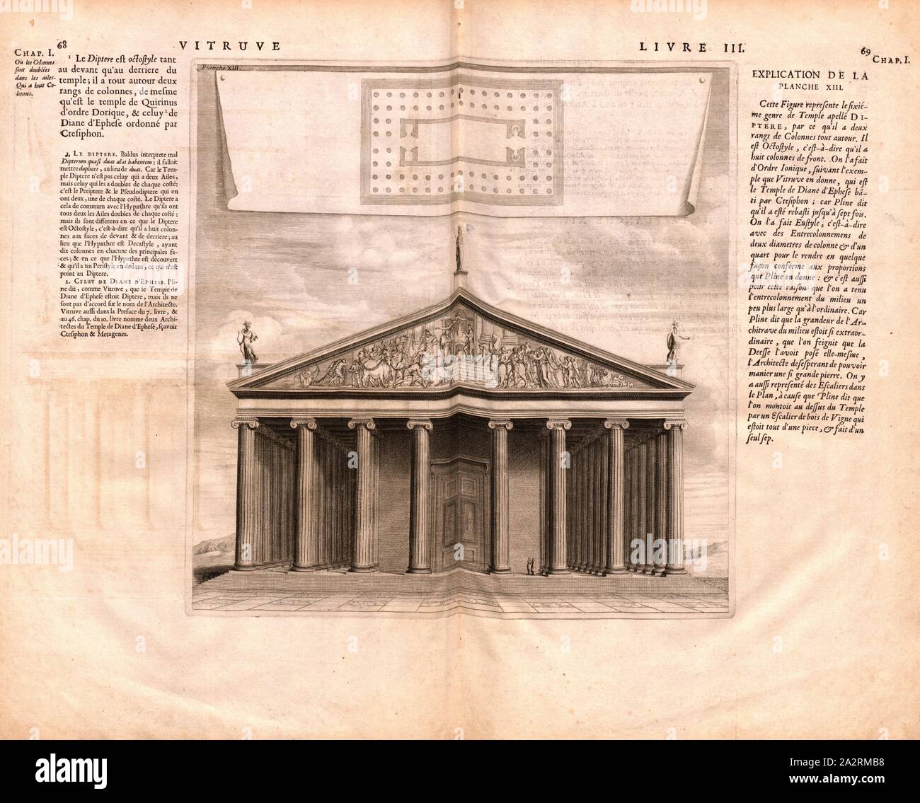 Tempel der Diana in Ephesus, Abbildung der Tempel der Diana in Ephesus aus dem 17. Jahrhundert, Planche XIII, S. 68 & 69, 1673, Vitruvius Pollio: Les dix Livres d'architecture de Vitruve: corrigez et nouvellement traduits en François, avec des Notes & des Zahlen. Le troisième livre. Ein Paris: Chez Jean Baptiste Coignard, [...], 1673 Stockfoto