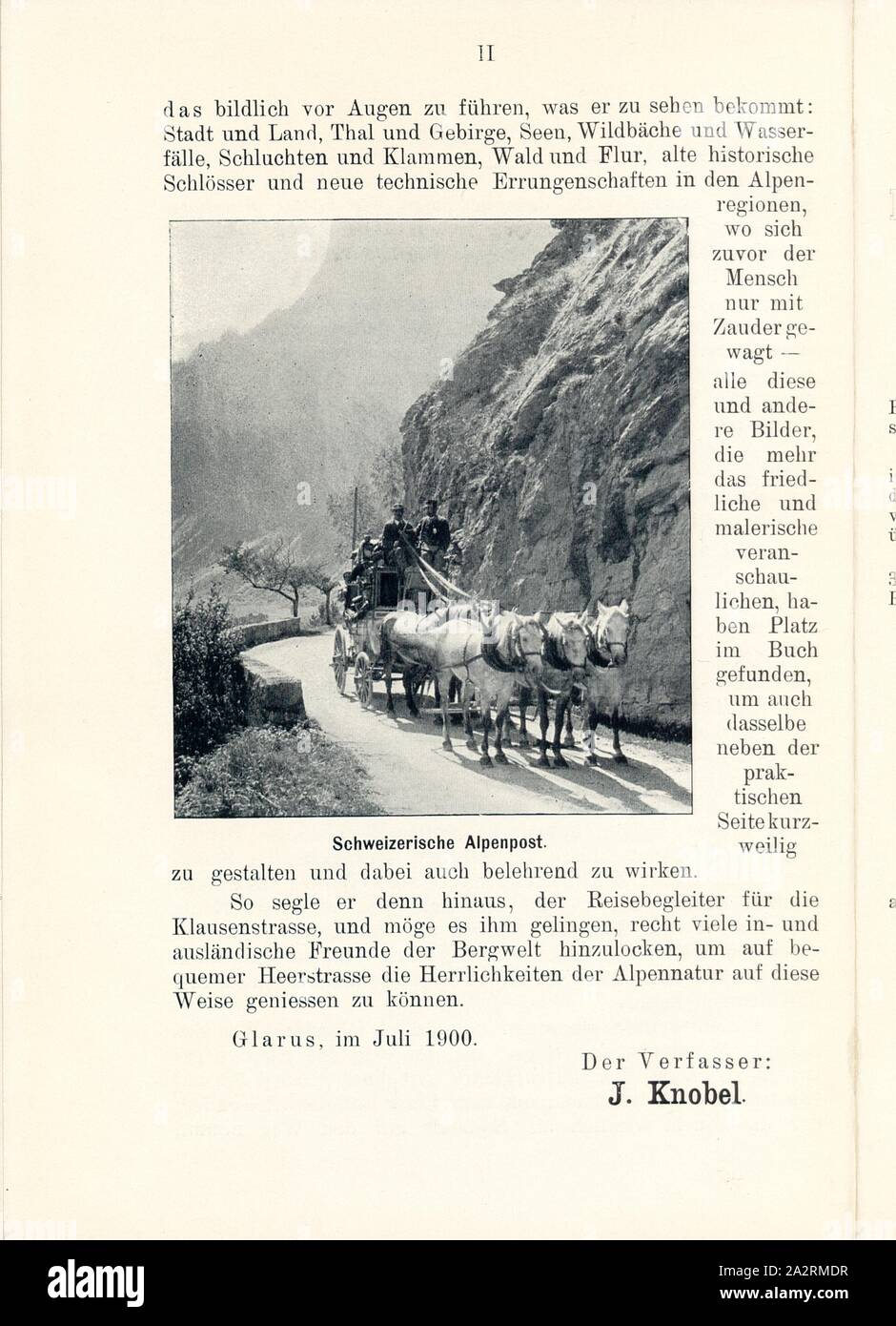 Swiss Alpine Post, Stagecoach, Abb. 1, S. II., 1900, J. Knobel: Illustrierter Reisebegleiter für sterben Alpenstrasse des Klausen und ihre zufahrtslinien. Glarus: Buchdruckerei J. Spälti, 1900 Stockfoto