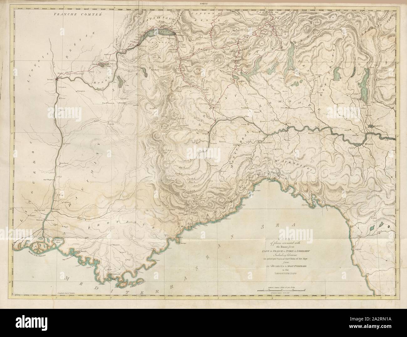 Diagramm der Orte mit der Route von Lyon in Frankreich verbunden mit Turin  und der Lombardei, Karte von Frankreich (Provence), Italien (Piemont,  Ligurien, Lombardei) und der Schweiz (Tessin, Wallis, Genfer See),  Kupferstich,