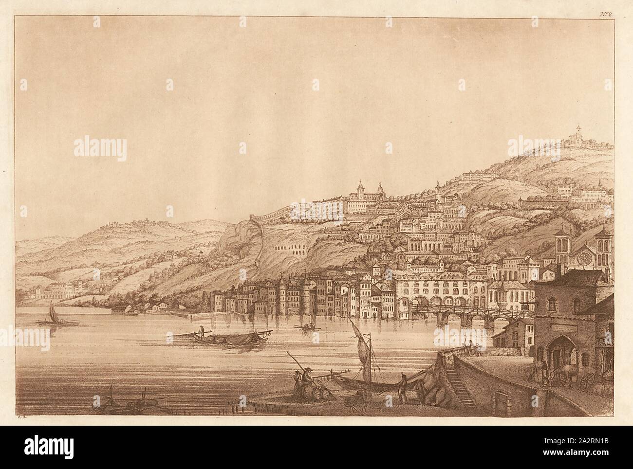 Lyons, Blick auf Lyon, unterzeichnet: A.B, No. 2, S. 1, Beaumont, Albanis, 1800, albanis Beaumont: Reisen von Frankreich nach Italien, durch die Nähe; oder eine Rundfahrt von der Straße aus Lyon, Turin, durch die Art und Weise des Pays-de-Veaud, dem Wallis und über die Monts Grosser St. Bernhard, Simplon, und St. Gotthard. Mit topographische und historische Beschreibungen (...). London: William Nicholson für G.g. und Robinson, J. und W. Baynes, 1806 Stockfoto