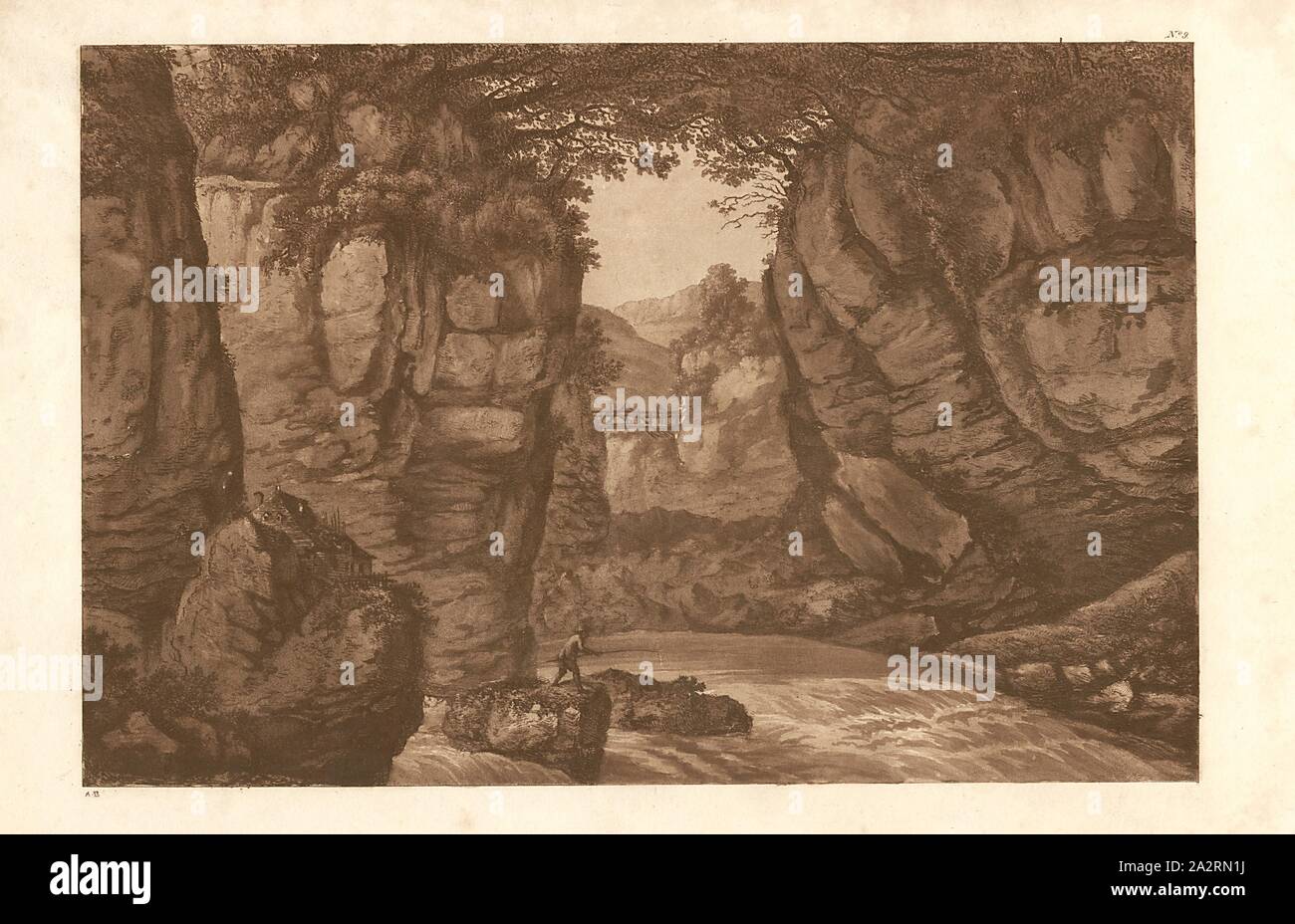 Re - Aussehen der Rhone, Rhone Schlucht mit Brücke und Mühlen, unterzeichnet: A.B, No. 9 nach S. 20, Beaumont, Albanis, 1800, albanis Beaumont: Reisen von Frankreich nach Italien, durch die Nähe; oder eine Rundfahrt von der Straße aus Lyon, Turin, durch die Art und Weise des Pays-de-Veaud, dem Wallis und über die Monts Grosser St. Bernhard, Simplon, und St. Gotthard. Mit topographische und historische Beschreibungen (...). London: William Nicholson für G.g. und Robinson, J. und W. Baynes, 1806 Stockfoto