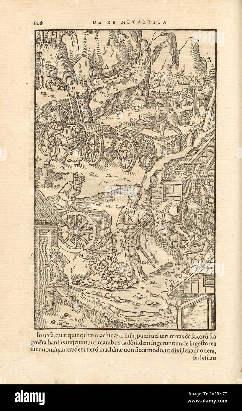 Transport im Bergbau, Bergbau, Transport von Schubkarren und Pferden gezogenen Karren, Holzschnitt, S. 128, (Liber sextus), Manuel, Hans Rudolf (graveur sur Bois), 1556, Georgius Agricola: De re metallica Libri XII: QUIBUS "officia" untereinander, Instrumenta, Machinae, ac Omnia ad denique metallicam spectantia, non Modo luculentissime describuntur, sed & pro Bildnisse (...). Basileae: [Froben], 1556 Stockfoto