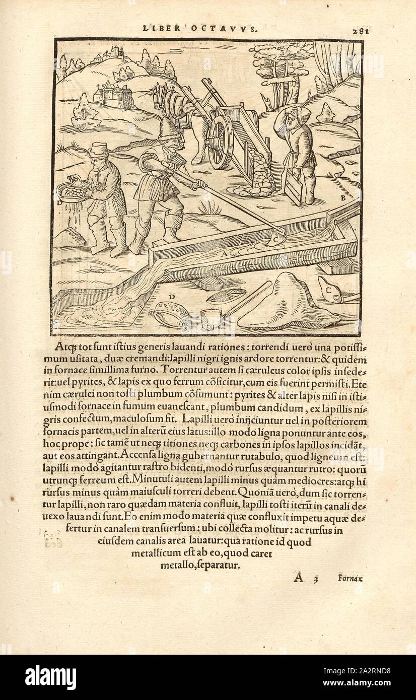 Waschtröge 7, Waschen der Bleierze, Bleierz getrocknet und gesiebt, Holzschnitt, S. 281, (Liber octavus), Manuel, Hans Rudolf (graveur sur Bois), 1556, Georgius Agricola: De re metallica Libri XII: QUIBUS "officia" untereinander, Instrumenta, Machinae, ac Omnia ad denique metallicam spectantia, non Modo luculentissime describuntur, sed & pro Bildnisse (...). Basileae: [Froben], 1556 Stockfoto