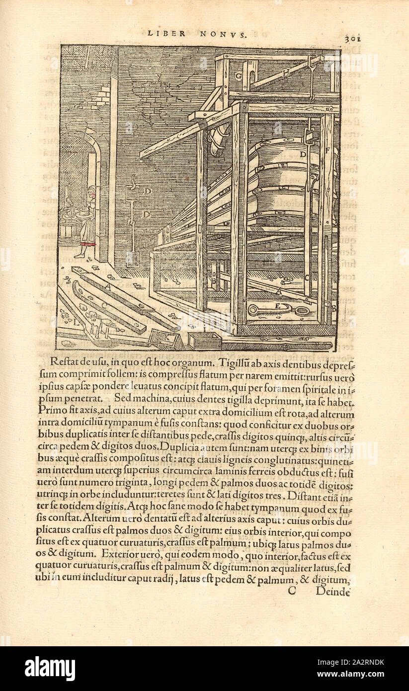 Mechanische Konstruktion für die Funktion der Faltenbälge, Faltenbälge mit einer mechanischen Konstruktion, Holzschnitt, S. 301, (Liber Nonus), Manuel, Hans Rudolf (graveur sur Bois), 1556 verschoben werden, Georgius Agricola: De re metallica Libri XII: QUIBUS "officia" untereinander, Instrumenta, Machinae, ac Omnia ad denique metallicam spectantia, non Modo luculentissime describuntur, sed & pro Bildnisse (...). Basileae: [Froben], 1556 Stockfoto