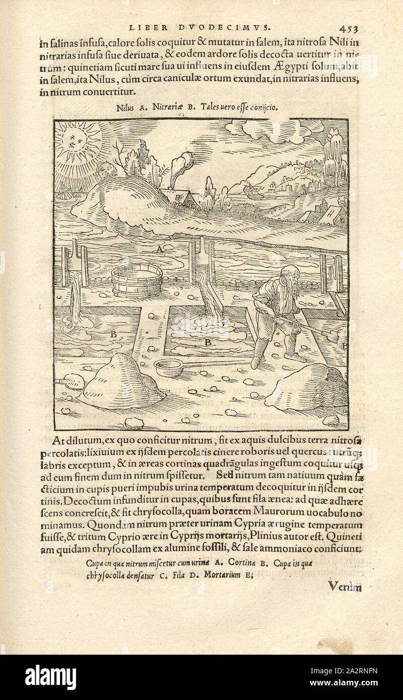 Die Salzgewinnung auf dem Nil, Wasser aus dem Nil fließen in Salz Gruben und verdampft zu den Soda durch die Sonnenwärme, Holzschnitt, S. 453, (Liber duodecimus), Manuel, Hans Rudolf (graveur sur Bois), 1556, Georgius Agricola: De re metallica Libri XII: QUIBUS "officia" untereinander, Instrumenta, Machinae, ac Omnia ad denique metallicam spectantia, non Modo luculentissime describuntur, sed & pro Bildnisse (...). Basileae: [Froben], 1556 Stockfoto