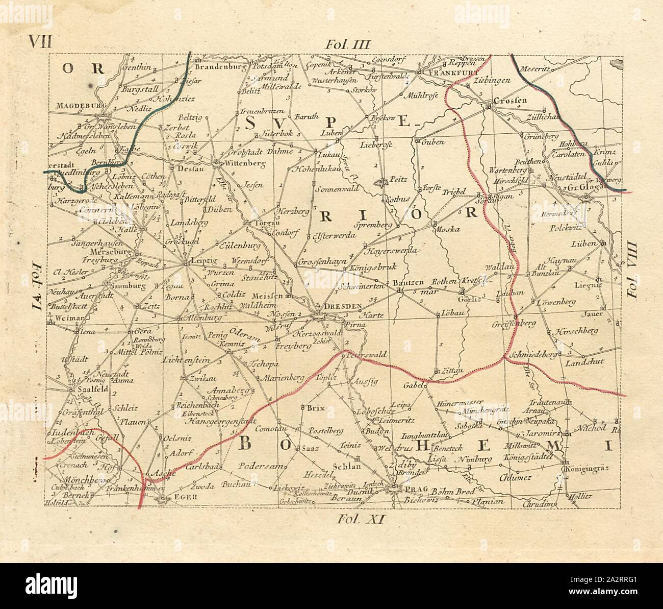 Superior Bohemi, Karte von Potsdam, Weimar, Prag und Gross-Glogau, fol. 10 r, Bors, Johann Jakob (verfertigt), Homannsche Erben (Hrsg.), Johann Jakob Bors; Franz Ioseph Heger: Neue und vollständige Aufnäher durch ganz Deutschland. Nürnberg: im Verlag bey denen Homaennischen Erben, [1764 Stockfoto Superior Bohemi, Karte von Potsdam, Weimar, Prag und Gross-Glogau, fol. 10 r, Bors, Johann Jakob (verfertigt), Homannsche Erben (Hrsg.), Johann Jakob Bors; Franz Ioseph Heger: Neue und vollständige Aufnäher durch ganz Deutschland. Nürnberg: im Verlag bey denen Homaennischen Erben, [1764 Stockfoto
