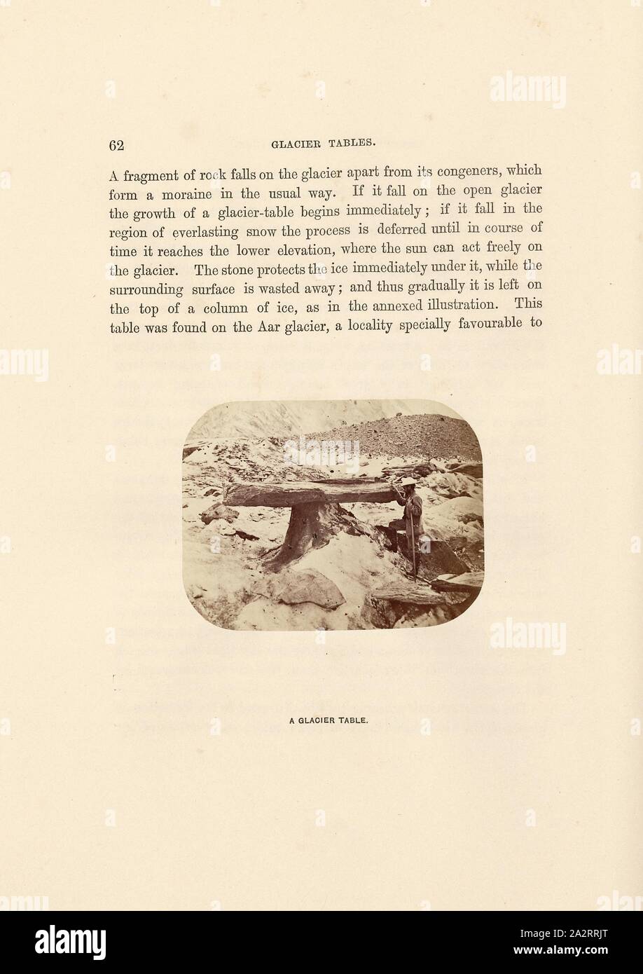 Ein Gletscher Gletscher Tabelle, Tabelle, Fotografie, S. 62, Edwards, Ernest, 1866, H.B. George, das Oberland und seine Gletscher: erkundet und mit Eispickel und Kamera dargestellt. London: Bennett, 1866 Stockfoto