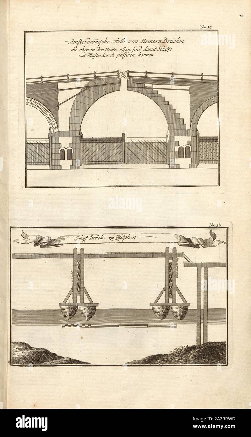 Amsterdam Arth von Steinern Brücken ... und Schiff Brücke zu Zütphen, Brücke in Amsterdam, mit Öffnung in der Bodenplatte und Brücke in Zutphen (Niederlande), Abb. 12, Nr. 15 u., 16, nach S.96, Breitkopf, Bernhard Christoph (Hrsg.), 1735, Carl Christian Schramm: Historischer Schauplatz, in welchem die merkwürdigsten Brücken aus allen Theilen der Welt", insonderheit aber sterben in den vollkommensten Stand versetzte Dresdner Elb-Brücke, in saubern Prospecten, Münzen und Berlin Kupferstichen, Vorgestellet und beschrieben werden. Leipzig: Bey Bernhard Christoph Breitkopf, 1735 Stockfoto