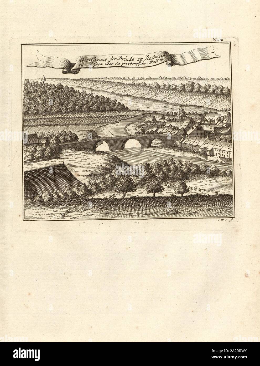 Zeichen für die Brücke zu Rosswein oder Risperi über den Freybergische Muldau, Brücke über die Freiberger Mulde in Rosswein (Sachsen), unterzeichnet: I. W. S. sc, Abb. 24, Nr. 31, S. 96, Stör, Johann Wilhelm (sc.); Breitkopf, Bernhard Christoph (Hrsg.), 1735, Carl Christian Schramm: Historischer Schauplatz, in welchem die merkwürdigsten Brücken aus allen Theilen der Welt", insonderheit aber sterben in den vollkommensten Stand versetzte Dresdner Elb-Brücke, in saubern Prospecten, Münzen und Berlin Kupferstichen, Vorgestellet und beschrieben werden. Leipzig: Bey Bernhard Christoph Breitkopf, 1735 Stockfoto