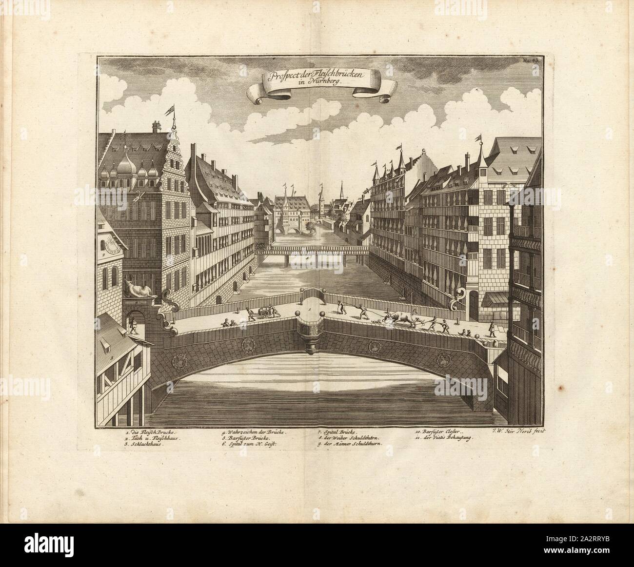 Aussicht auf das Fleisch Brücken in Nürnberg, Fleisch Brücke, Barfüsser Brücke über Pegnitz und Heilig-Geist-Spital in Nürnberg, unterzeichnet: I. W. Stör fecit, Abb. 35, Nr. 45, S. 96, Stör, Johann Wilhelm (sc.); Breitkopf, Bernhard Christoph (Hrsg.), 1735, Carl Christian Schramm: Historischer Schauplatz, in welchem die merkwürdigsten Brücken aus allen Theilen der Welt", insonderheit aber sterben in den vollkommensten Stand versetzte Dresdner Elb-Brücke, in saubern Prospecten, Münzen und Berlin Kupferstichen, Vorgestellet und beschrieben werden. Leipzig: Bey Bernhard Christoph Breitkopf, 1735 Stockfoto