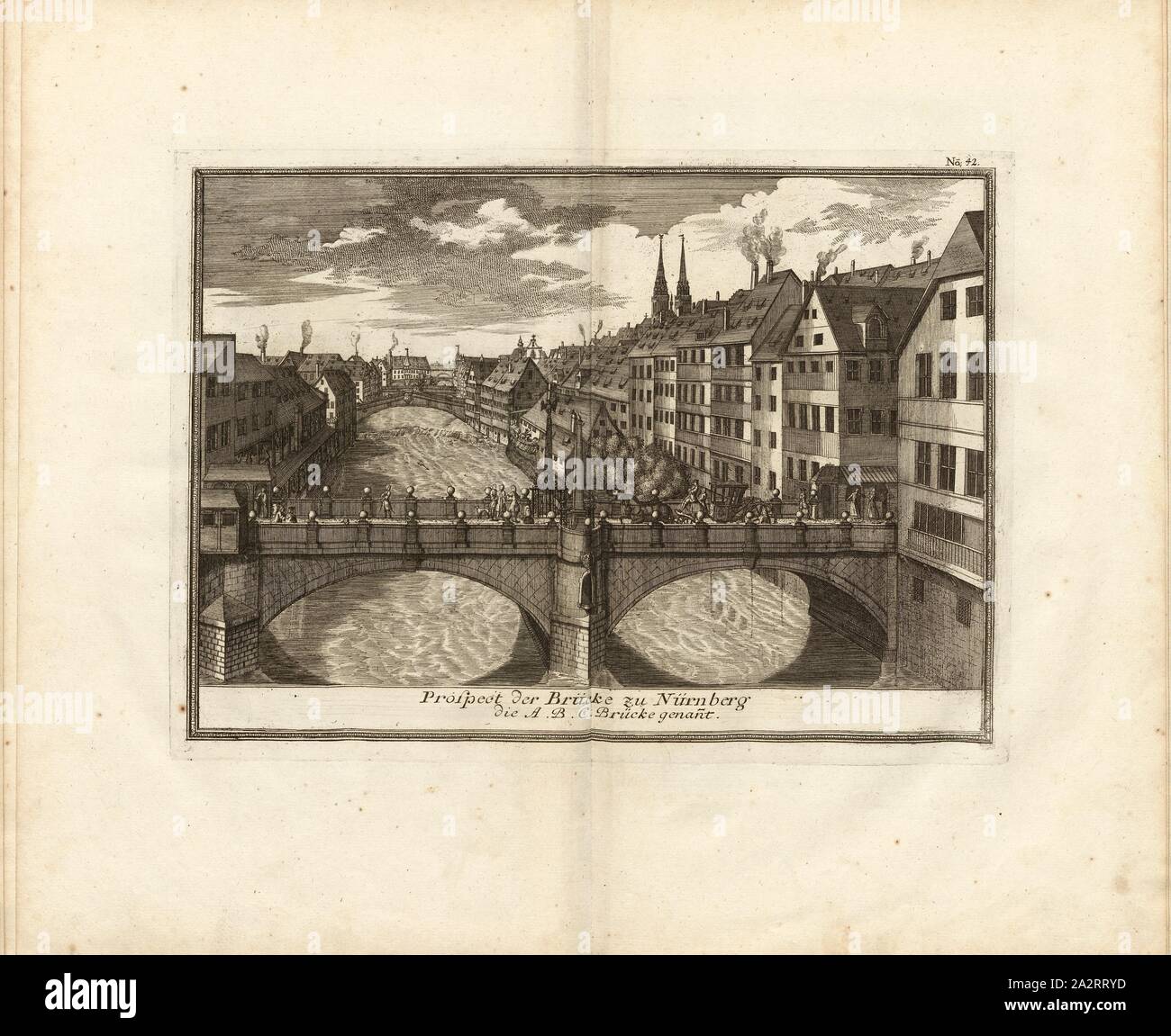 Aussicht auf die Brücke zu Nürnberg namens A. B. C. Brücke, Charles Brücke über Pegnitz in Nürnberg, Abb. 34, Nr. 42, nach S.96, Breitkopf, Bernhard Christoph (Hrsg.), 1735, Carl Christian Schramm: Historischer Schauplatz, in welchem die merkwürdigsten Brücken aus allen Theilen der Welt", insonderheit aber sterben in den vollkommensten Stand versetzte Dresdner Elb-Brücke, in saubern Prospecten, Münzen und Berlin Kupferstichen, Vorgestellet und beschrieben werden. Leipzig: Bey Bernhard Christoph Breitkopf, 1735 Stockfoto