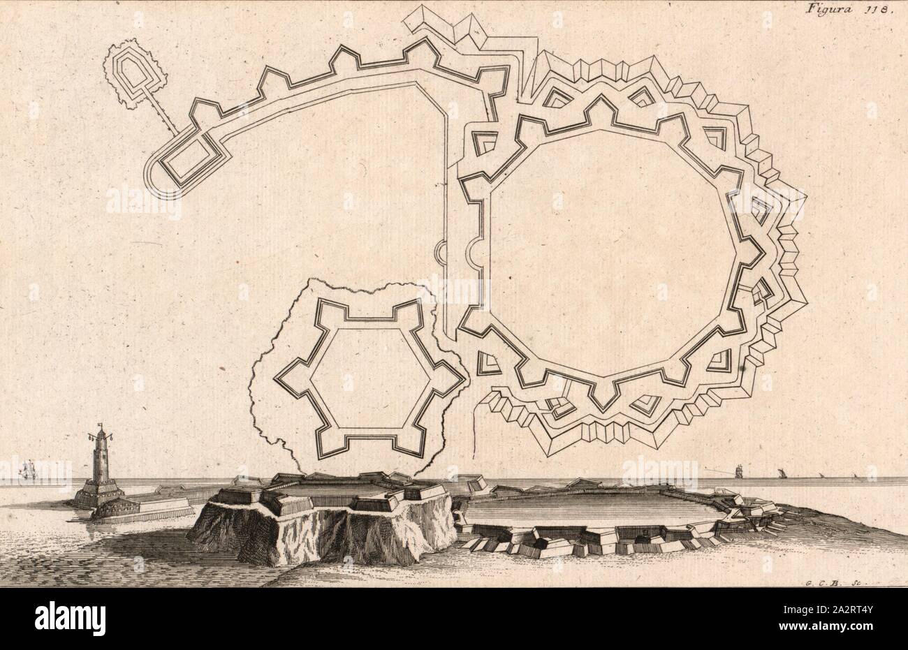 Stadtbefestigung aus Andrea Pozzo "Perspektiven der besten Architekten und Maler', Grundriss einer Stadtbefestigung von Andrea Pozzos "Perspectivae pictorum atque architectorum" aus dem 18. Jahrhundert, Figura 118, S. 666, 1719, Andrea Pozzo, Johann: Boxbarth Perspectivae pictorum atque architectorum : Der Mahler und Baumeister Perspectiv [...]. Zweyter Theil. Augustae Vindelicorum [Augsburg]: impensis Wolffii Jeremiae, techniopolae anno 1719 Stockfoto