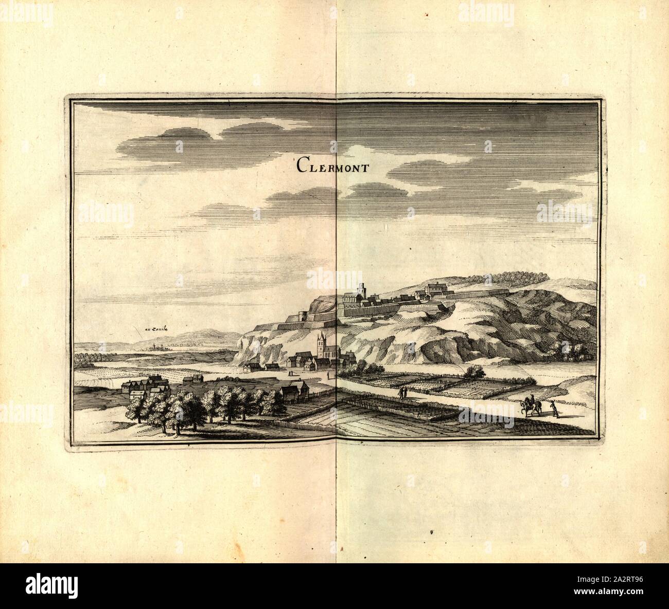 Clermont, Clermont-Ferrand in Frankreich, Abb. 84, S. 97, 1661, Martin Zeiller: Topographia Galliae, oder Beschreibung und Contrafaitung der vornehmbsten und bekantisten Oerter in dem mächtigen und grossen Königreich Franckreich: beedes auss eygner Erfahrung und Beispiele in den Graben und berühmbtesten Scribenten, also in Underschiedlichen Spraachen Abb. aussgangen seyn, auch auss erlangten Bericht und Relationen von etlichen Jahren Held zusammen getragen, in richtige Ordnung Referenzen und auff Begehren zum Druck verfertiget. Franckfurt am Mayn: im Verlag Caspar Merians, 1655-1661 Stockfoto