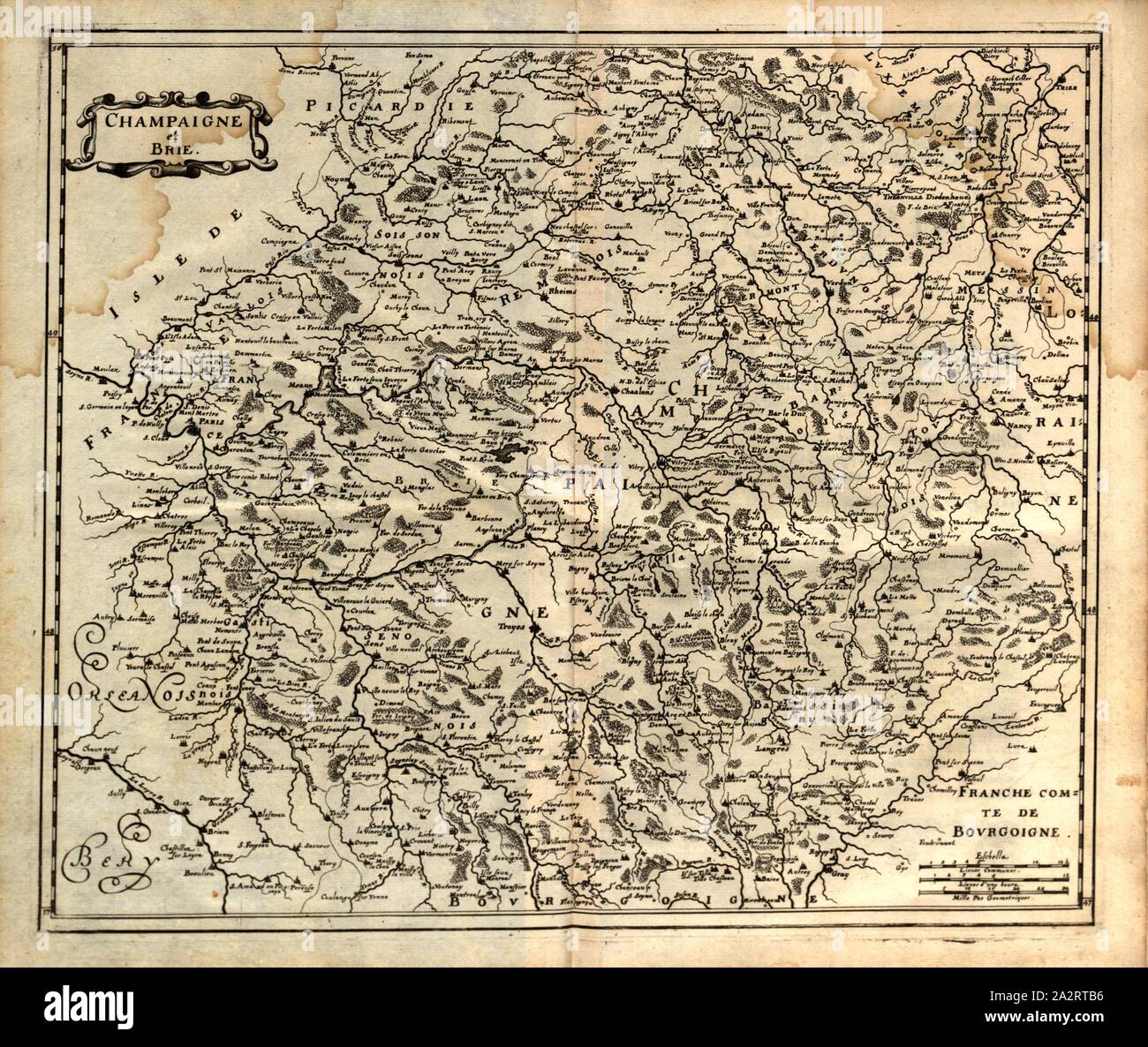 Jongh und Brie, Karte der Region Champagne und Brie in Frankreich, Abb. 146, S. 2, 1661, Martin Zeiller: Topographia Galliae, oder Beschreibung und Contrafaitung der vornehmbsten und bekantisten Oerter in dem mächtigen und grossen Königreich Franckreich: beedes auss eygner Erfahrung und Beispiele in den Graben und berühmbtesten Scribenten, also in Underschiedlichen Spraachen Abb. aussgangen seyn, auch auss erlangten Bericht und Relationen von etlichen Jahren Held zusammen getragen, in richtige Ordnung Referenzen und auff Begehren zum Druck verfertiget. Franckfurt am Mayn: im Verlag Caspar Stockfoto