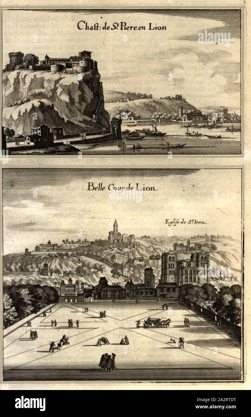 Chast. von St. Peter in Leo und Schöne Löwen Hof, Château de Pierre Scise und Place Bellecour in Lyon (Frankreich), Abb. 233, S. 25, 1661, Martin Zeiller: Topographia Galliae, oder Beschreibung und Contrafaitung der vornehmbsten und bekantisten Oerter in dem mächtigen und grossen Königreich Franckreich: beedes auss eygner Erfahrung und Beispiele in den Graben und berühmbtesten Scribenten, also in Underschiedlichen Spraachen Abb. aussgangen seyn, auch auss erlangten Bericht und Relationen von etlichen Jahren Held zusammen getragen, in richtige Ordnung Referenzen und auff Begehren zum Druck verfertiget Stockfoto