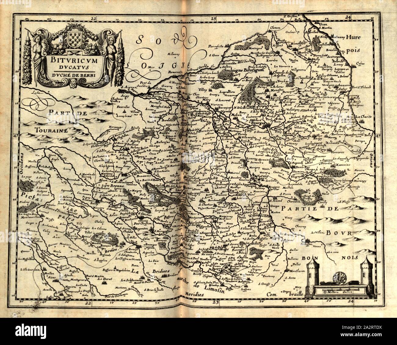 Bituricum Herzogtum Bern Duchd, Karte des Herzogtums von Berry, Abb. 235, S. 25, 1661, Martin Zeiller: Topographia Galliae, oder Beschreibung und Contrafaitung der vornehmbsten und bekantisten Oerter in dem mächtigen und grossen Königreich Franckreich: beedes auss eygner Erfahrung und Beispiele in den Graben und berühmbtesten Scribenten, also in Underschiedlichen Spraachen Abb. aussgangen seyn, auch auss erlangten Bericht und Relationen von etlichen Jahren Held zusammen getragen, in richtige Ordnung Referenzen und auff Begehren zum Druck verfertiget. Franckfurt am Mayn: im Verlag Caspar Merians, 1655-1661 Stockfoto