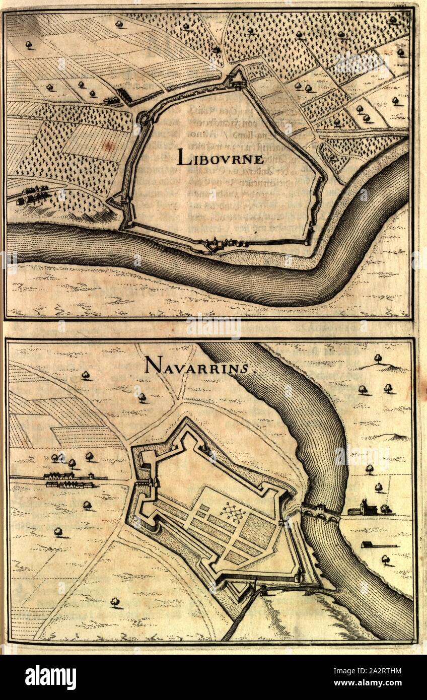 Libourne und Navarrins, Plan der Festung von Libourne und Navarrenx in Frankreich, Abb. 290, S. 46, 1661, Martin Zeiller: Topographia Galliae, oder Beschreibung und Contrafaitung der vornehmbsten und bekantisten Oerter in dem mächtigen und grossen Königreich Franckreich: beedes auss eygner Erfahrung und Beispiele in den Graben und berühmbtesten Scribenten, also in Underschiedlichen Spraachen Abb. aussgangen seyn, auch auss erlangten Bericht und Relationen von etlichen Jahren Held zusammen getragen, in richtige Ordnung Referenzen und auff Begehren zum Druck verfertiget. Franckfurt am Mayn: im Verlag Stockfoto