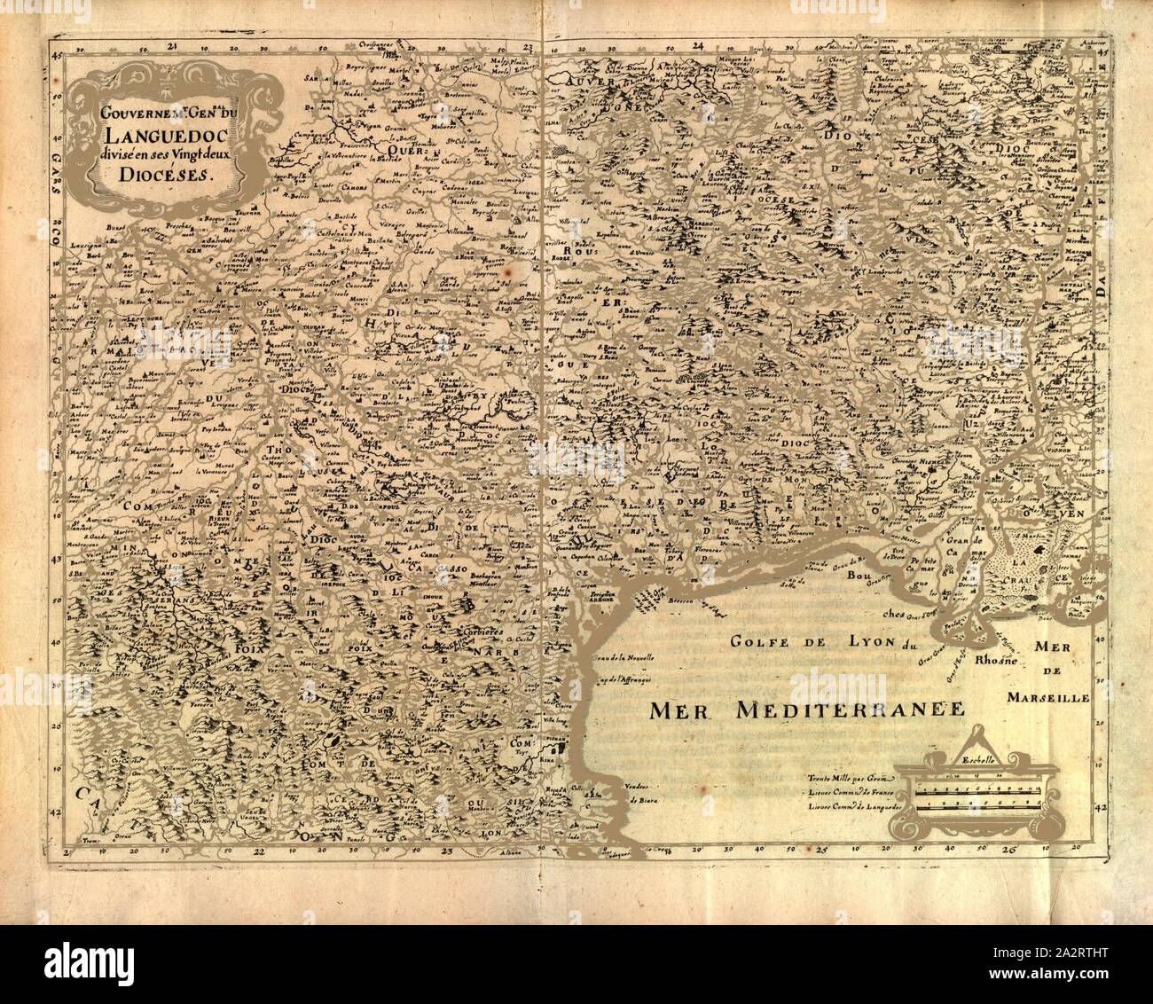 Gesamtstaats. gen. Languedoc, aufgeteilt in den 22 Diözesen, (2) Karte der Region Languedoc, Abb. 295, S. 58, Martin Zeiller: Topographia Galliae, oder Beschreibung und Contrafaitung der vornehmbsten und bekantisten Oerter in dem mächtigen und grossen Königreich Franckreich: beedes auss eygner Erfahrung und Beispiele in den Graben und berühmbtesten Scribenten, also in Underschiedlichen Spraachen Abb. aussgangen seyn, auch auss erlangten Bericht und Relationen von etlichen Jahren Held zusammen getragen, in richtige Ordnung Referenzen und auff Begehren zum Druck verfertiget. Franckfurt am Mayn: im Verlag Stockfoto