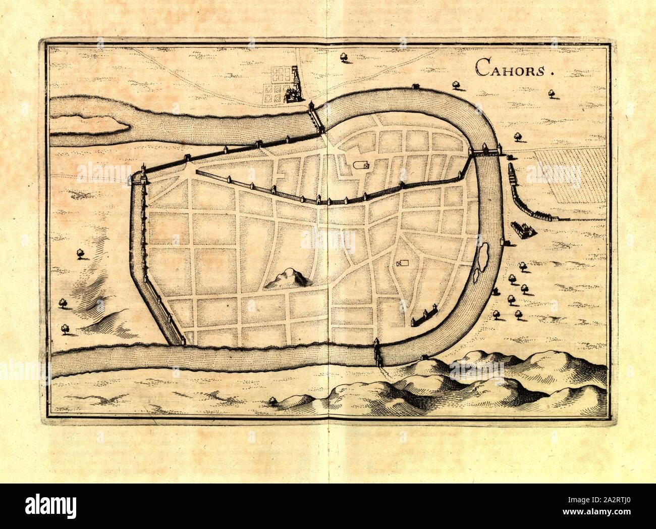 Cahors, Plan der Festung von Cahors in Frankreich, Abb. 297, S. 24, 1661, Martin Zeiller: Topographia Galliae, oder Beschreibung und Contrafaitung der vornehmbsten und bekantisten Oerter in dem mächtigen und grossen Königreich Franckreich: beedes auss eygner Erfahrung und Beispiele in den Graben und berühmbtesten Scribenten, also in Underschiedlichen Spraachen Abb. aussgangen seyn, auch auss erlangten Bericht und Relationen von etlichen Jahren Held zusammen getragen, in richtige Ordnung Referenzen und auff Begehren zum Druck verfertiget. Franckfurt am Mayn: im Verlag Caspar Merians, 1655-1661 Stockfoto