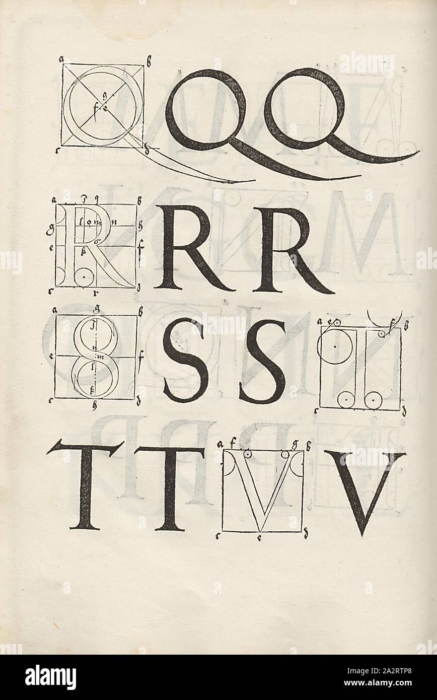 Majuskel Q, R, S, T und V, Bau der Buchstaben Q, R, S, T und V von Dürers serif Schrift, F. 66r, S. 136, Dürer, Albrecht, 1525, Albrecht Dürer: Underweysung der Messung mit dem Zirckel und Richtscheyt, in Linien unnd gantzen Corporen ebnen. [Nürnberg], [s.n.], [1525 Stockfoto