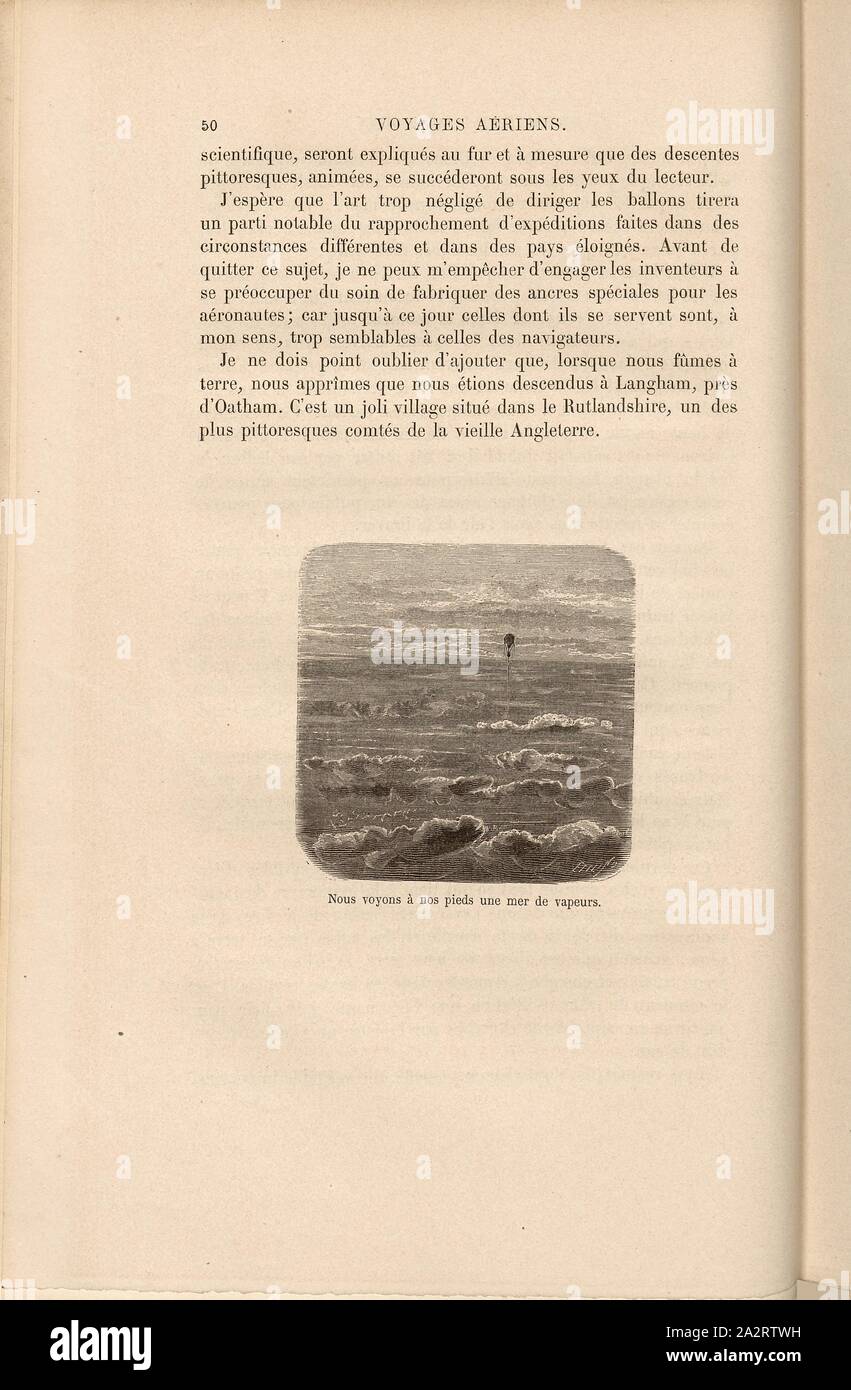 Wir sehen an unseren Füßen ein Meer von Dämpfen, Hot Air Balloon von James Glaisher während eines Fluges, unterzeichnet: Ettling, Abb. 9, S. 50, Ettling, Jacob (sc.), 1870, James Glaisher; Camille Flammarion; Wilfrid de Fonvielle; Gaston Tissandier: Voyages Aériens. Paris: Hachette, 1870 Stockfoto