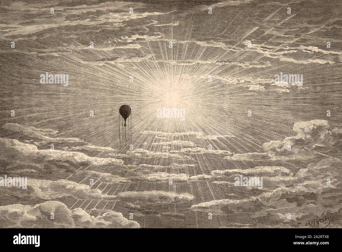 Die Sonne ist Versilbern die Kanten der gesäumten Wolken, Heißluftballon von James Glaisher während eines Fluges, Signiert: C. Laplante, Abb. 26, S. 118, Laplante, Charles (sc.), 1870, James Glaisher; Camille Flammarion; Wilfrid de Fonvielle; Gaston Tissandier: Voyages Aériens. Paris: Hachette, 1870 Stockfoto