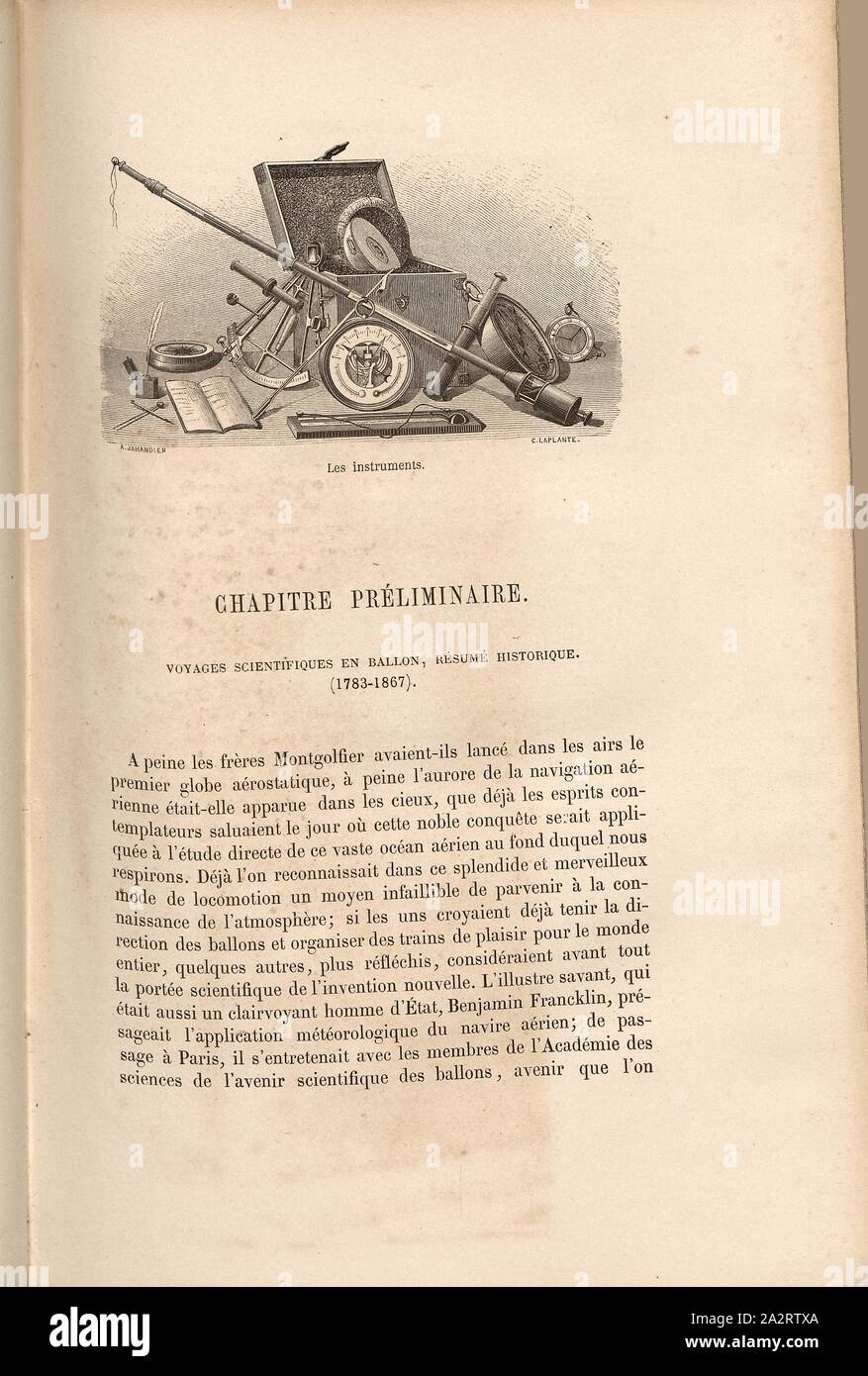 Instrumente, Instrumente der Ballooners, Signiert: A. Jahandier; c. Laplante, Abb. 28, S. 129, Jahandier, A. (Del.); Laplante, Charles (sc.), 1870, James Glaisher; Camille Flammarion; Wilfrid de Fonvielle; Gaston Tissandier: Voyages Aériens. Paris: Hachette, 1870 Stockfoto