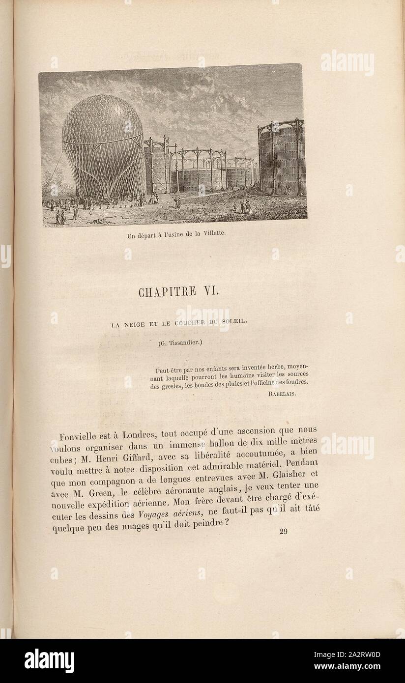 Eine Abfahrt auf die werkseitigen Villette, Heißluft-Ballon am Gas arbeitet im Quartier de la Villette in Paris unterzeichnet: A. Jahandier; c. Laplante, Abb. 89, S.449, Jahandier, A. (Del.); Laplante, Charles (sc.), 1870, James Glaisher; Camille Flammarion; Wilfrid de Fonvielle; Gaston Tissandier: Voyages Aériens. Paris: Hachette, 1870 Stockfoto