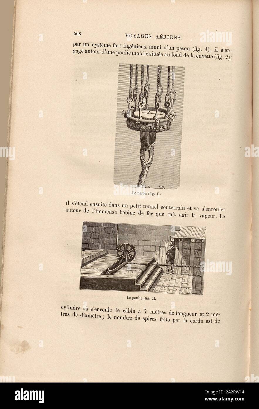 Die Wägezelle und die Riemenscheibe, die Riemenscheibe für den Fesselballon von Henri Giffard in London 1869 und der damit verbundenen Waage, unterzeichnet: C L A T, Abb. 107, S.508, Tissandier, Albert (Del.); Laplante, Charles (sc.), 1870, James Glaisher; Camille Flammarion; Wilfrid de Fonvielle; Gaston Tissandier: Voyages Aériens. Paris: Hachette, 1870 Stockfoto