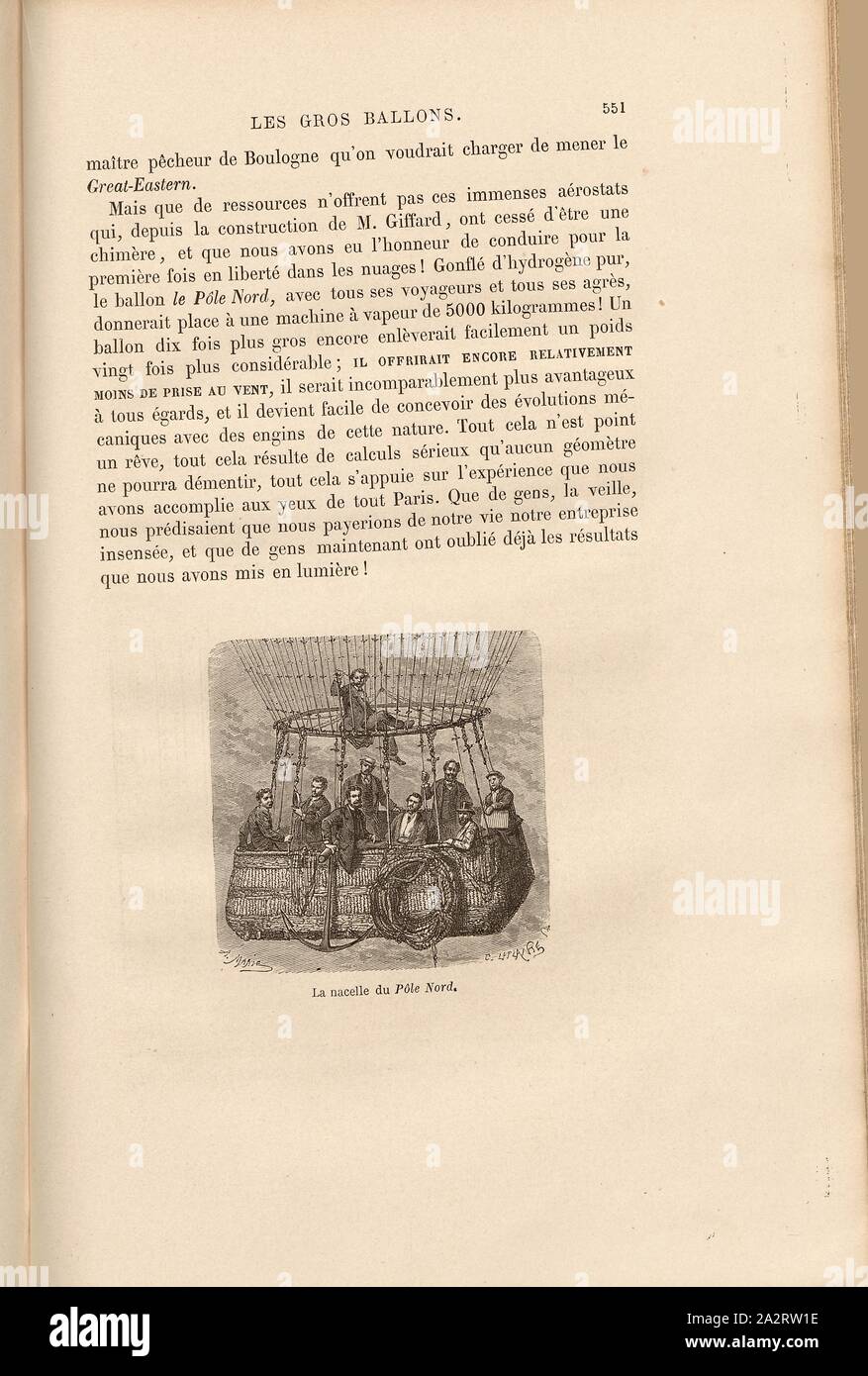 Die Gondel der Nordpol, Korb von Hot Air Balloon "Pôle Nord" mit Passagieren, unterzeichnet: A. Marie; C. Laplante, Abb. 116, S. 551, Tissandier, Albert (Del.); Laplante, Charles (sc.), 1870, James Glaisher; Camille Flammarion; Wilfrid de Fonvielle; Gaston Tissandier: Voyages Aériens. Paris: Hachette, 1870 Stockfoto