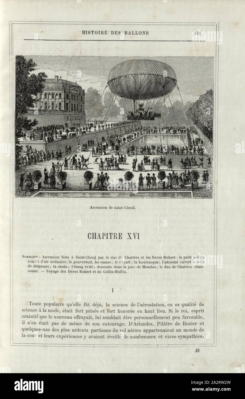 Christi Himmelfahrt von Saint-Cloud, Ballonfahrt am 15. Juli 1784 in Paris von Anne-Jean Robert (1758 1820) und Nicolas-Louis Robert (1760-1820) mit Colin Hullin und Louis Philippe II. Joseph de Bourbon, Duc d'Orléans, unterzeichnet:, Tellier, Tissandier, Abb. 33, S. 161, Tissandier, Albert (DESS); Tellier, Edmond (sc.), 1876, Alfred Sircos; Th. Pallier: Histoire des Ballons et des Aufstiege célèbres avec une préface de Nadar: Dessins de A. Tissandier [...]. Paris: F. Roy, 1876 Stockfoto