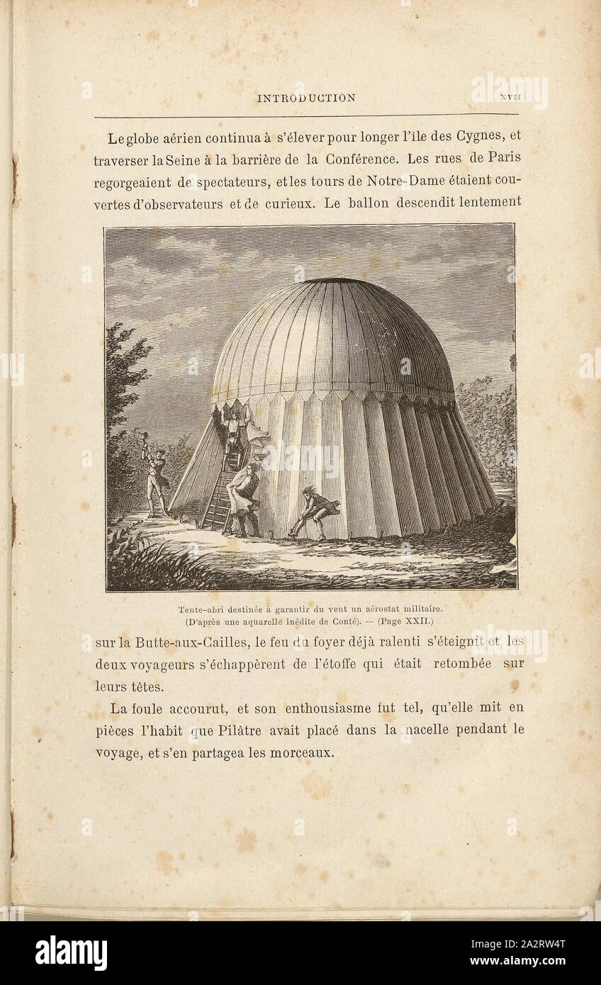 Zelt Schutz zu garantieren Wind eine militärische Aerostat, Heißluftballon unter Schutzabdeckung, unterzeichnet: S. T., Abb. 4, s. XVII, Nicolas-Jacques Conté, (pinx.); Smeeton, Brennen (sc.); Tilly, Auguste (sc.), 1887, Gaston Tissandier: Histoire de mes Aufstiege. Récit de Quarante voyages Aériens (1868-1886). Paris: Maurice Dreyfous, 1887 Stockfoto