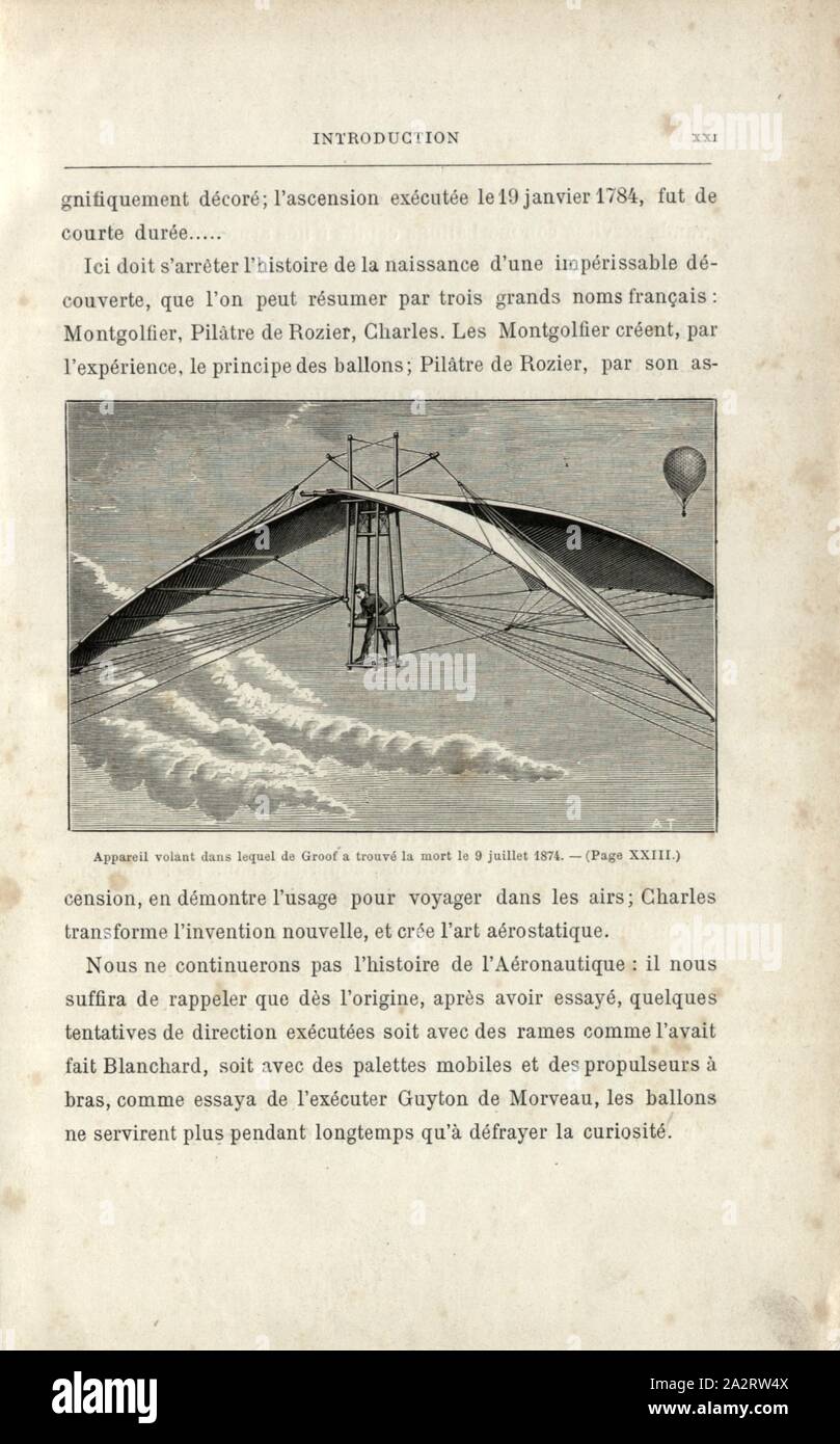 Fliegende gerät, in dem de Groof am 9. Juli 1874 starb, Flugzeuge von Vincent de Groof, mit denen er in einen tödlichen Unfall am 5. Juli 1874 starb, unterzeichnet: A. T, Abb. 6, XXI, Tissandier, Albert (Del.), 1887, Gaston Tissandier: Histoire de mes Aufstiege. Récit de Quarante voyages Aériens (1868-1886). Paris: Maurice Dreyfous, 1887 Stockfoto