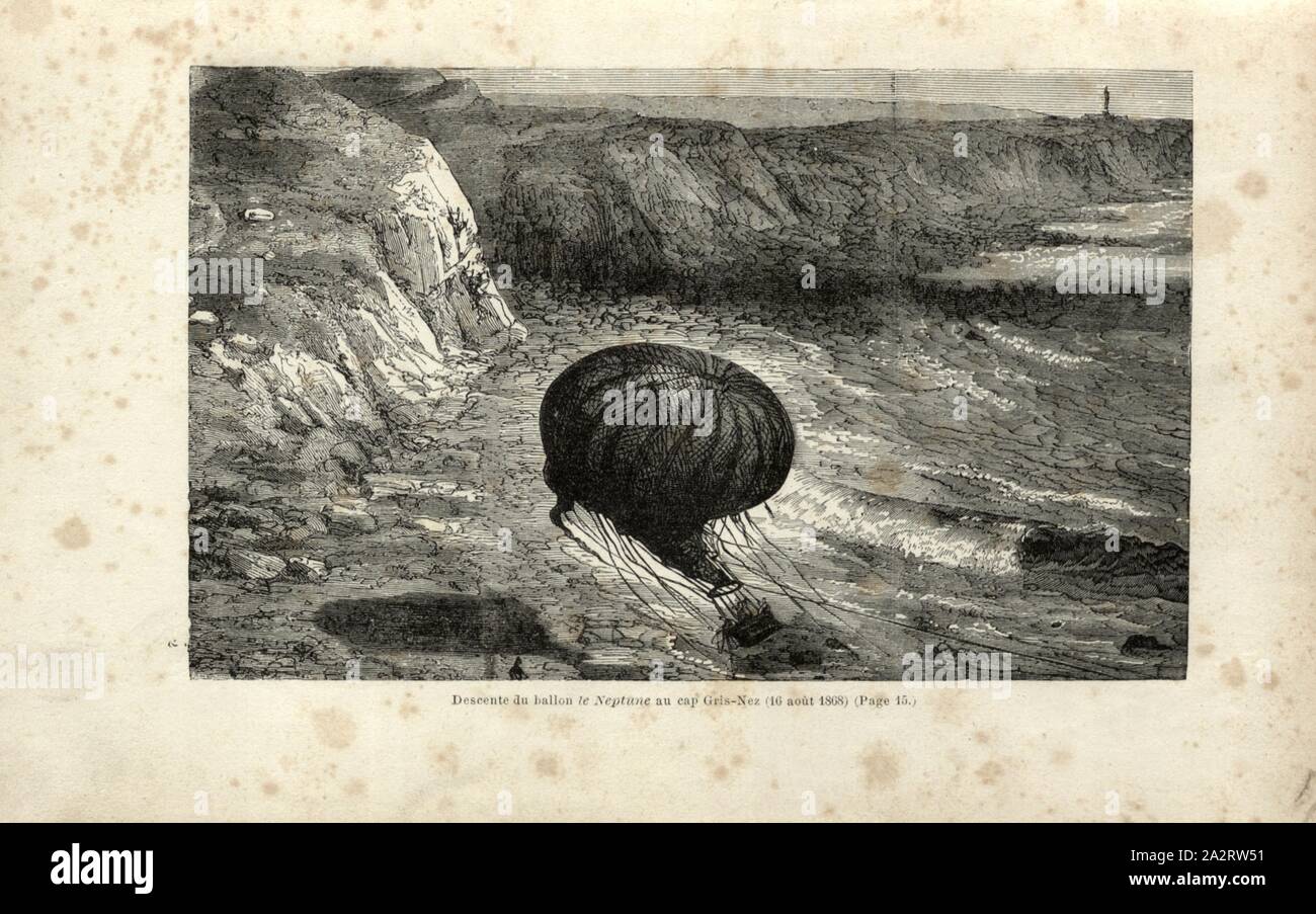 Die Abfahrt auf der Ballon Neptun am Kap Gris-Nez August 16, 1868, Abstieg der Heißluftballon von Claude-Jules Duruof am 16. August 1868 am Cap Gris-Nez Landspitze im Pas-de-Callais region, Datum geschätzt Abb. 10, S. 16, Tissandier, Albert (Del.), 1887, Gaston Tissandier: Histoire de mes Aufstiege. Récit de Quarante voyages Aériens (1868-1886). Paris: Maurice Dreyfous, 1887 Stockfoto