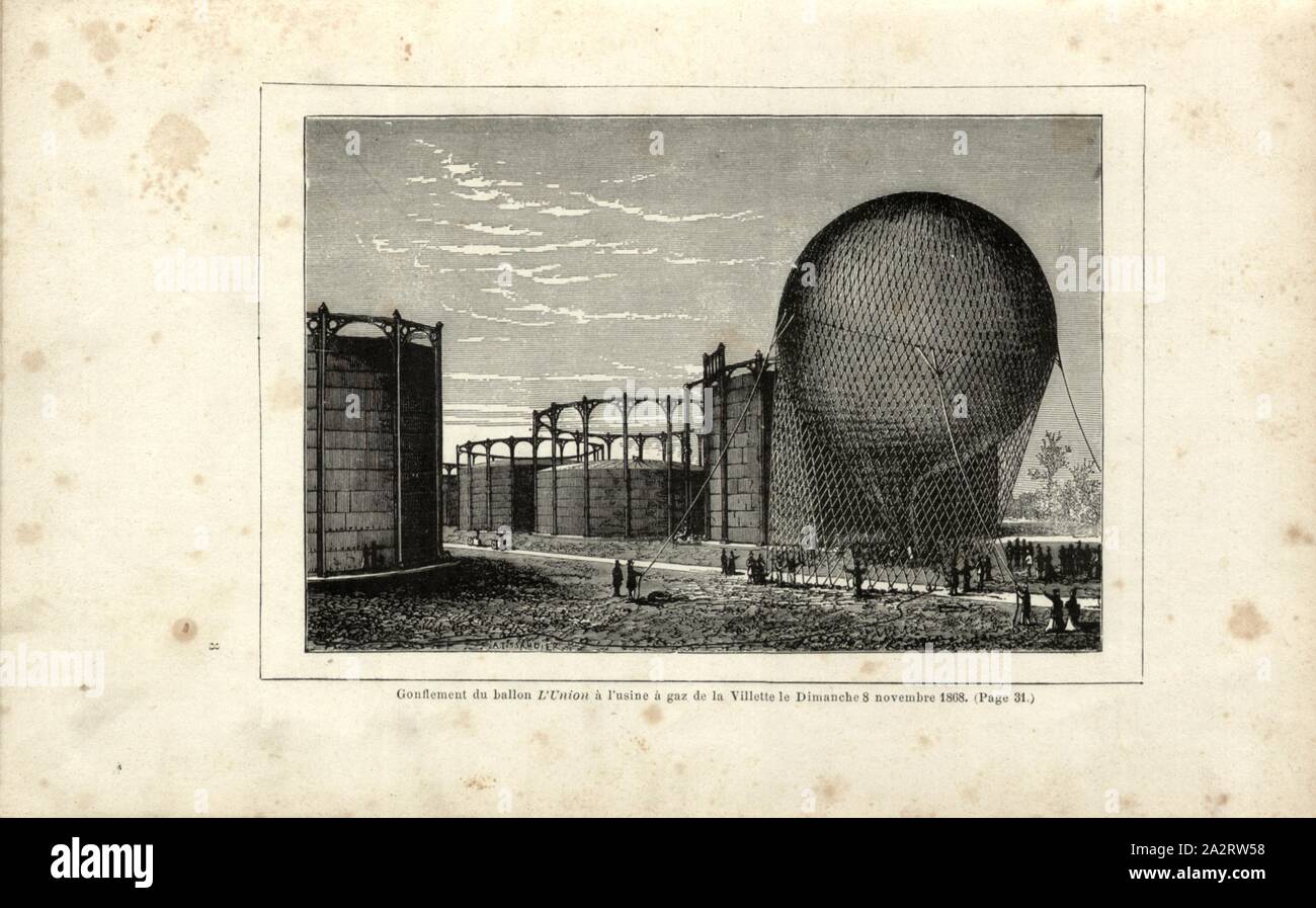 Ballon Schwellung Union in La Villette Werk am Sonntag, den 8. November 1868, Heißluftballon-Union von Gabriel Mangin am 8. November 1868 in La Villette, Signiert: A. Tissandier, Abb. 14, S. 32, Tissandier, Albert (Del.), 1887, Gaston Tissandier: Histoire de mes Aufstiege. Récit de Quarante voyages Aériens (1868-1886). Paris: Maurice Dreyfous, 1887 Stockfoto