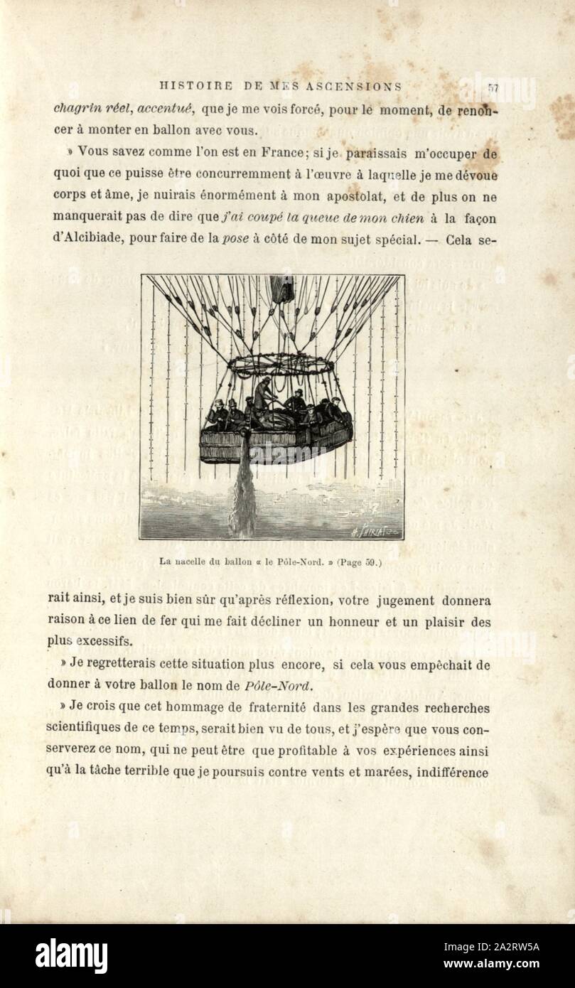 Den Warenkorb Ballon zum Nordpol., Korb von Heißluftballon-Le Pôle Nord (Örnen), Signiert: H. Thiriat sc, Abb. 16, S. 57, Thiriat, Henri (sc.), 1887, Gaston Tissandier: Histoire de mes Aufstiege. Récit de Quarante voyages Aériens (1868-1886). Paris: Maurice Dreyfous, 1887 Stockfoto