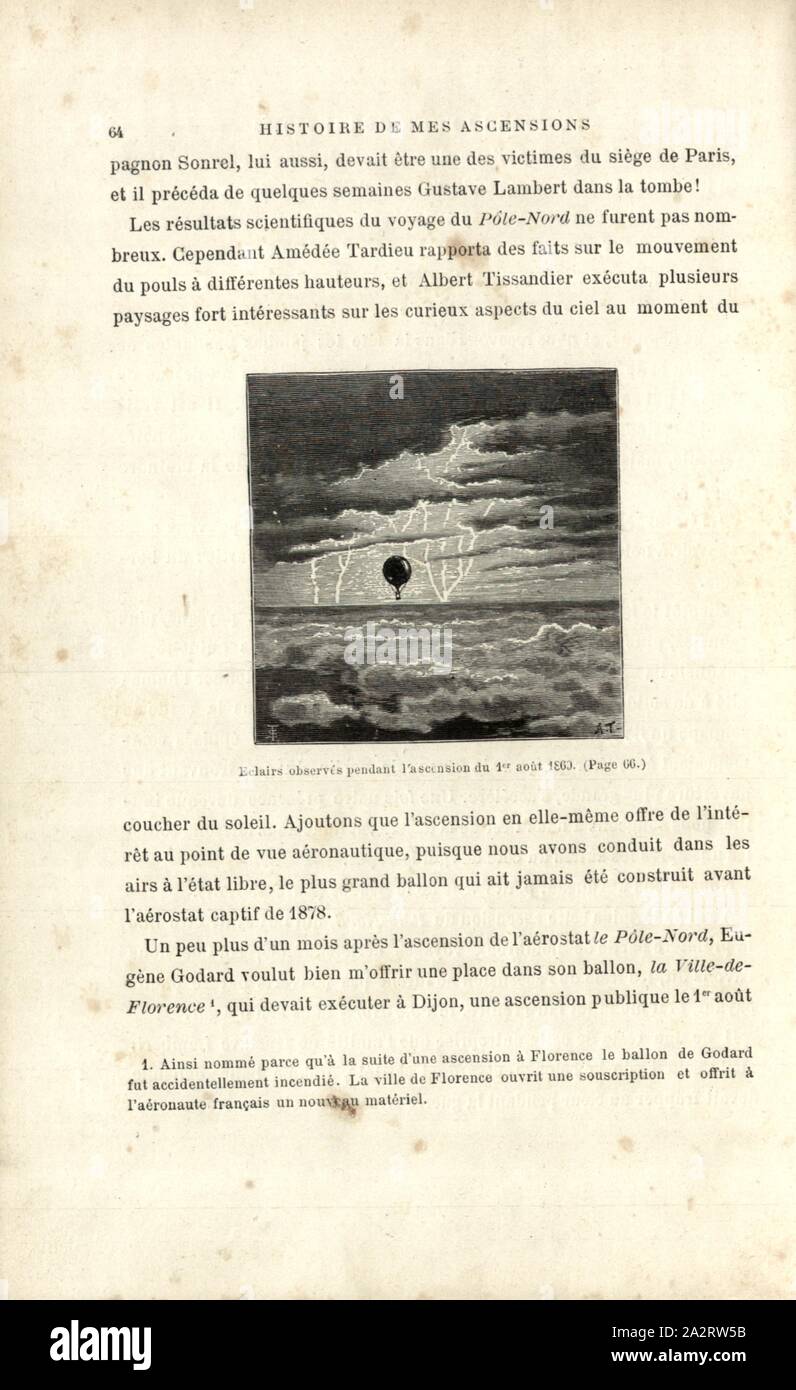 Eclairs während des Aufstiegs am 1. August 1869 beobachtet, Flug eines Heißluftballons Ville de Florenz bei einem Gewitter am 1. August 1869, Signiert: A. T, Abb. 17, S. 64, Tissandier, Albert (Del.), 1887, Gaston Tissandier: Histoire de mes Aufstiege. Récit de Quarante voyages Aériens (1868-1886). Paris: Maurice Dreyfous, 1887 Stockfoto