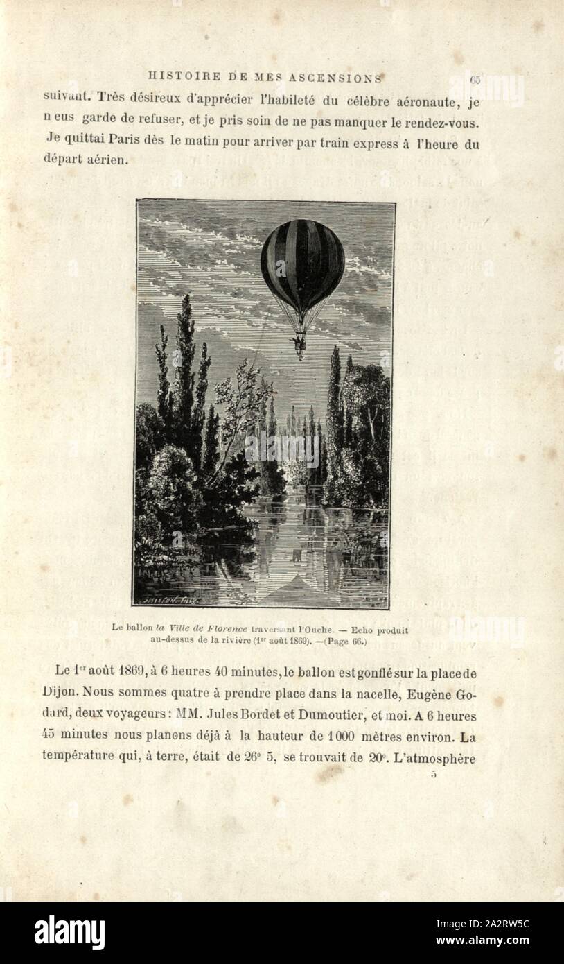 Der Ballon von Florenz über die Ouche, Heißluftballon-Ville de Florenz am 1. August 1869 über einem Fluss, unterzeichnet: smeeton Tilly, Abb. 18, S. 65, Smeeton, Brennen (Del.); Tilly, Auguste (sc.), 1887, Gaston Tissandier: Histoire de mes Aufstiege. Récit de Quarante voyages Aériens (1868-1886). Paris: Maurice Dreyfous, 1887 Stockfoto