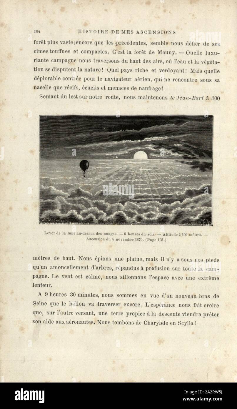Mondaufgang über den Wolken. 20:00 Uhr. Höhe 2400 Meter. Christi Himmelfahrt vom 8. November 1870, Moon Ballonfahren am 8. November 1870 (Belagerung von Paris), unterzeichnet: A. Tissandier; Smeeton Tilly, Abb. 24, S. 104, Tissandier, Albert (Del.); Smeeton, Brennen (sc.); Tilly, Auguste (sc.), 1887, Gaston Tissandier: Histoire de mes Aufstiege. Récit de Quarante voyages Aériens (1868-1886). Paris: Maurice Dreyfous, 1887 Stockfoto