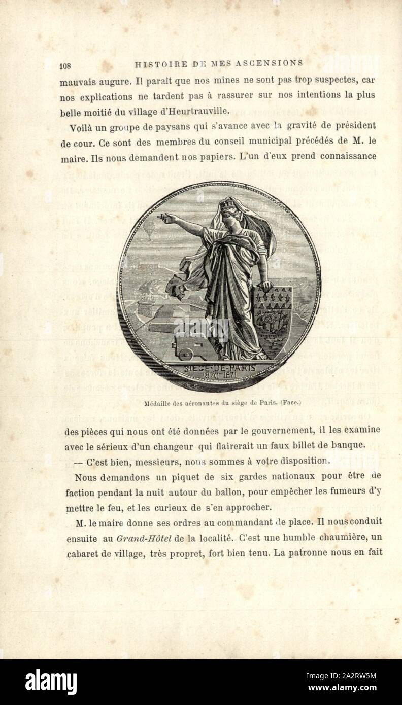 Medaille der aeronauts der Pariser Gesicht Sitz, Medaille für Aeronauts während der Belagerung von Paris (1870-1871), Abb. 26, S. 108, 1887, Gaston Tissandier: Histoire de mes Aufstiege. Récit de Quarante voyages Aériens (1868-1886). Paris: Maurice Dreyfous, 1887 Stockfoto