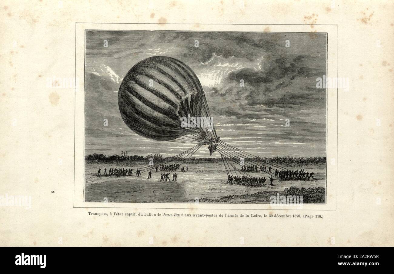 Transport, Captive, der Kugel Jean-Bart zu den Vorposten der Armee von der Loire, 30. Dezember 1870, Hot Air Balloon Jean Bart am 30 Dezember, 1870, Abb. 28, S. 112, 1887, Gaston Tissandier: Histoire de mes Aufstiege. Récit de Quarante voyages Aériens (1868-1886). Paris: Maurice Dreyfous, 1887 Stockfoto
