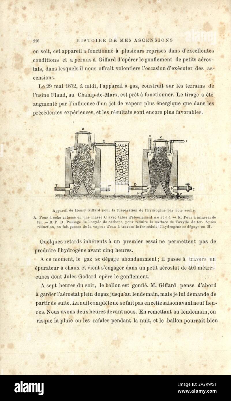 Henry Giffard's Apparate für die Herstellung von Wasserstoff durch die trockene Strecke, Apparate für die Herstellung von Wasserstoff durch Henri Giffard, Abb. 29, S. 116, 1887, Gaston Tissandier: Histoire de mes Aufstiege. Récit de Quarante voyages Aériens (1868-1886). Paris: Maurice Dreyfous, 1887 Stockfoto