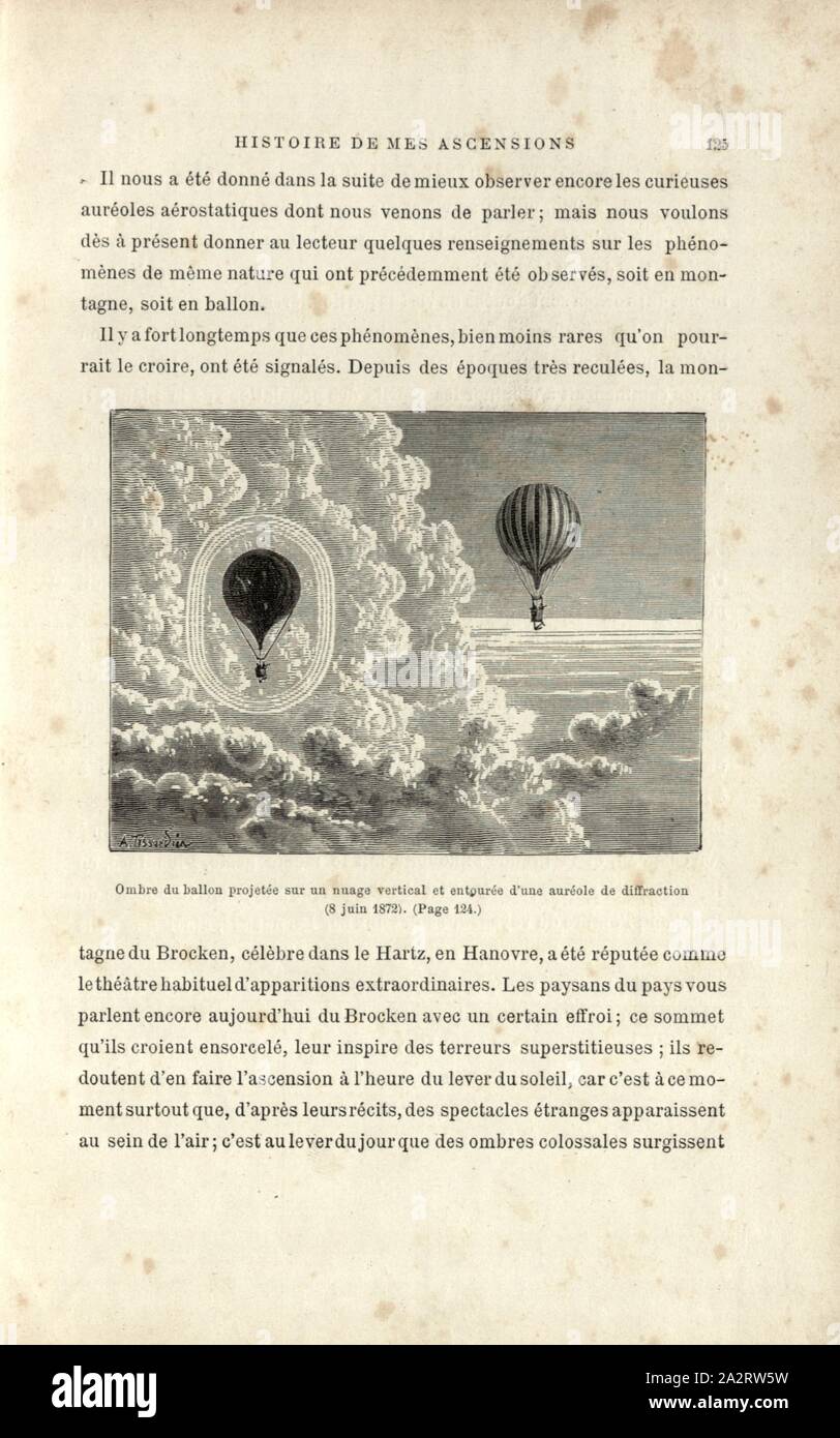 Schatten der Ballon auf einer vertikalen Cloud projiziert und durch eine Beugung Halo 8 Juni 1872, Reflexion eines Heißluftballons am 8. Juni 1872, unterzeichnet: A. Tissandier, Abb. umgeben. 30, S. 125, Tissandier, Albert (Del.), 1887, Gaston Tissandier: Histoire de mes Aufstiege. Récit de Quarante voyages Aériens (1868-1886). Paris: Maurice Dreyfous, 1887 Stockfoto