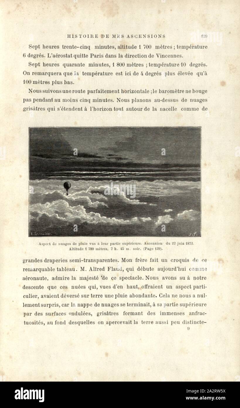 Aussehen der Regen Wolken an ihrem oberen Teil gesehen. Himmelfahrt Juni 27., 1872., Heißluftballon Juni 27, 1872, Signiert: A. Tissandier; S. T, Abb. 31, S. 129, Tissandier, Albert (Del.); Smeeton, Brennen (sc.); Tilly, Auguste (sc.), 1887, Gaston Tissandier: Histoire de mes Aufstiege. Récit de Quarante voyages Aériens (1868-1886). Paris: Maurice Dreyfous, 1887 Stockfoto