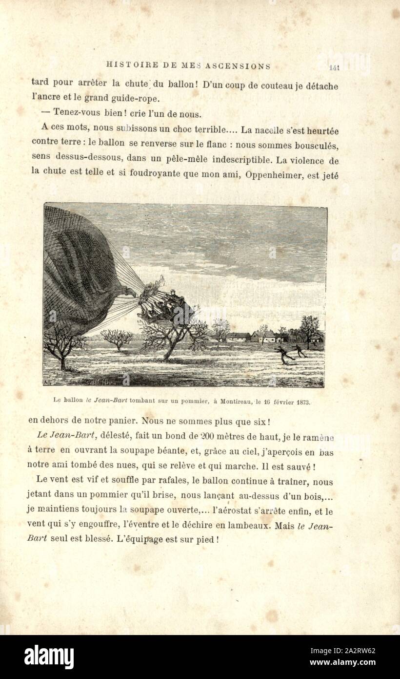 Die Kugel Jean-Bart fallen auf eine Apple Tree, Montireau, 16. Februar 1873, Fall der Ballon Jean Bartard am 16. Februar 1873 in Montireau, Signiert: A. T, Smeet, Tilly, Abb. 35, S. 141, Tissandier, Albert (Del.); Smeeton, Brennen (sc.); Tilly, Auguste (sc.), 1887, Gaston Tissandier: Histoire de mes Aufstiege. Récit de Quarante voyages Aériens (1868-1886). Paris: Maurice Dreyfous, 1887 Stockfoto