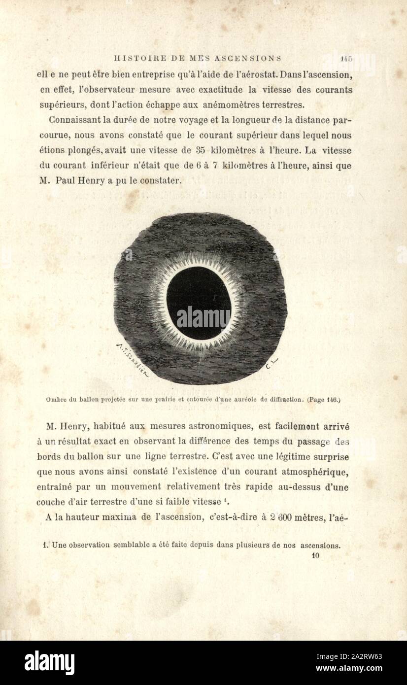 Schatten der Ballon projiziert auf einer Wiese und durch eine Beugung Halo, Schatten von einem Ballon, Signiert: A. Tissandier; c. L, Abb. umgeben. 36, S.145, Tissandier, Albert (Del.); Laplante, Charles (sc.), 1887, Gaston Tissandier: Histoire de mes Aufstiege. Récit de Quarante voyages Aériens (1868-1886). Paris: Maurice Dreyfous, 1887 Stockfoto