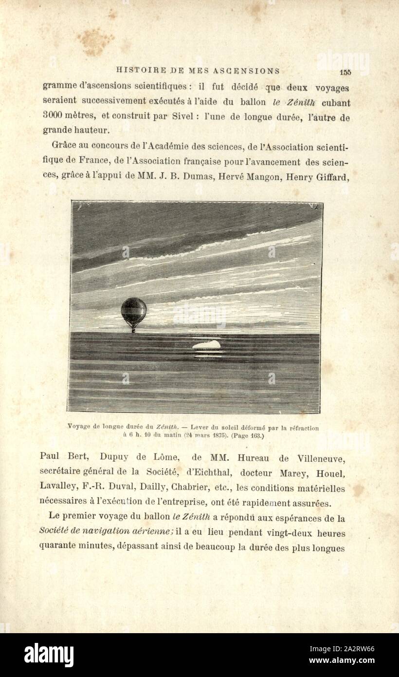 Langfristige Reise zum Zenit. Sunrise durch Brechung an der 6-Uhr-Position verformt. Morgen 10. März 24, 1875, Ballon Zenith am 24. März 1875 bei Sonnenaufgang, unterzeichnet: S. T, Abb. 39, S. 155, Smeeton, Brennen (sc.); Tilly, Auguste (sc.), 1887, Gaston Tissandier: Histoire de mes Aufstiege. Récit de Quarante voyages Aériens (1868-1886). Paris: Maurice Dreyfous, 1887 Stockfoto