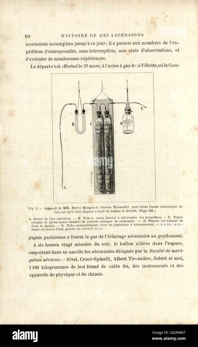 Apparate von MM. Herve Mangon und Gaston Tissandier die Kohlensäure der Luft zu Dosis, wie es an Bord des Ballons Zenith, Apparate für die Dosierung von CO2 in einem Ballon, unterzeichnet: Bonnafoux, Bild angeordnet wurde. 40, S. 156, Bonnafoux (Del.), 1887, Gaston Tissandier: Histoire de mes Aufstiege. Récit de Quarante voyages Aériens (1868-1886). Paris: Maurice Dreyfous, 1887 Stockfoto